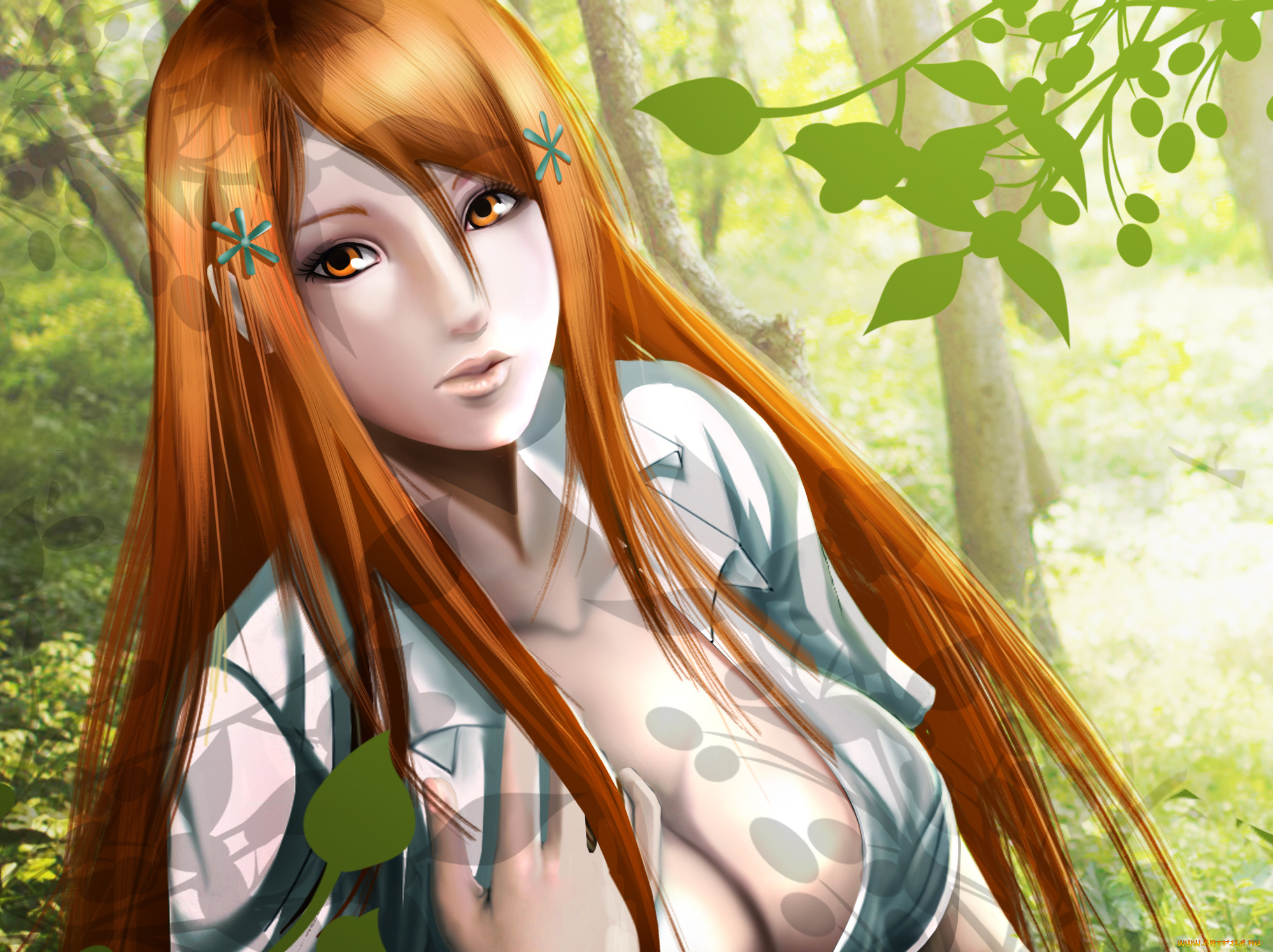 аниме, bleach, длинные, волосы, взгляд, inoue, orihime, девушка, лето, листья, деревья, рубашка, грудь, рука