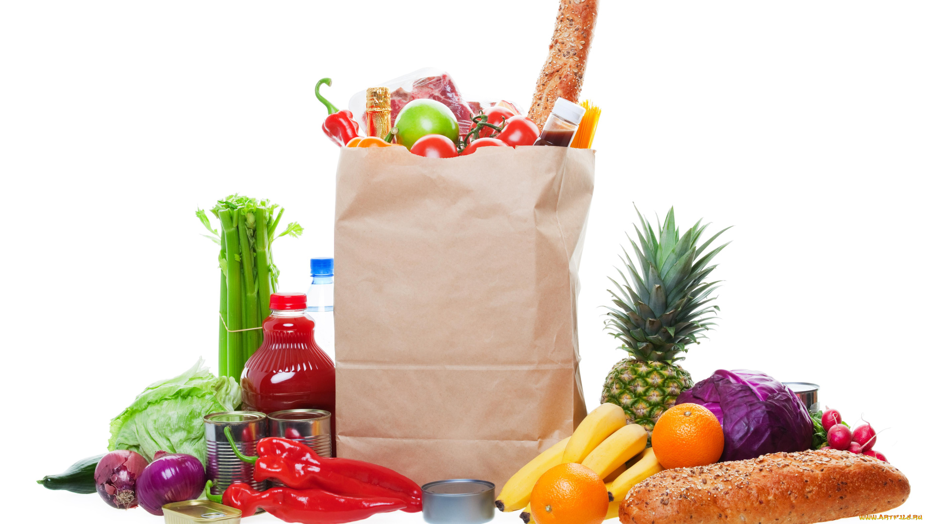 еда, разное, фрукты, ананас, капуста, спаржа, бутылки, покупки, овощи, хлеб, пакет