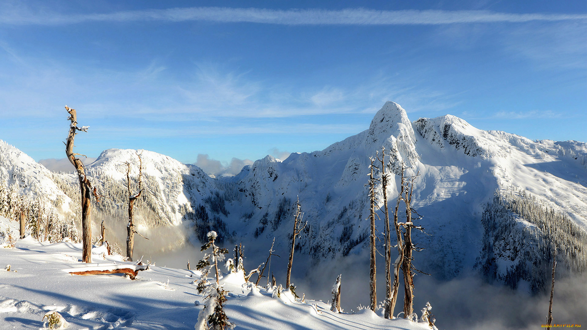 природа, горы, облака, снег, небо, зима