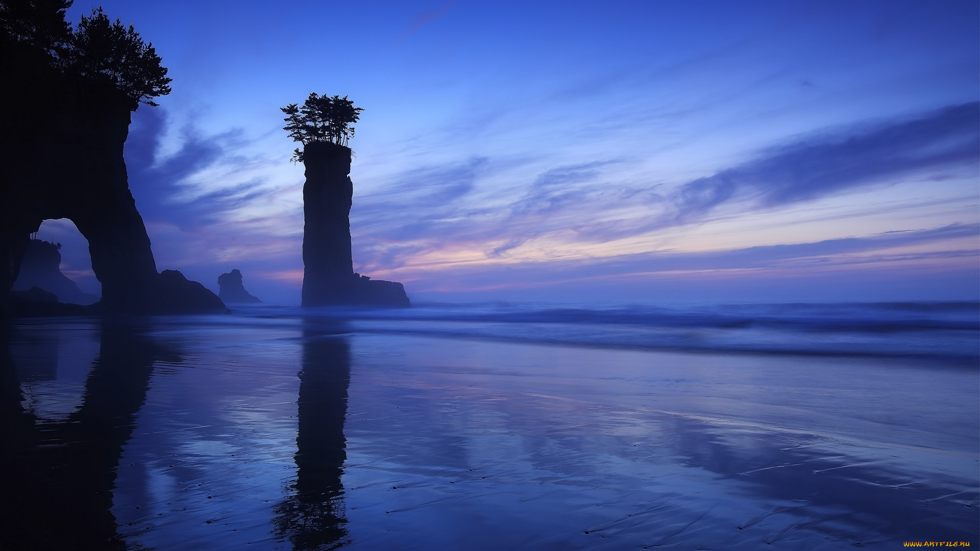 природа, побережье, деревья, море, арка, скалы, берег, рассвет, облака