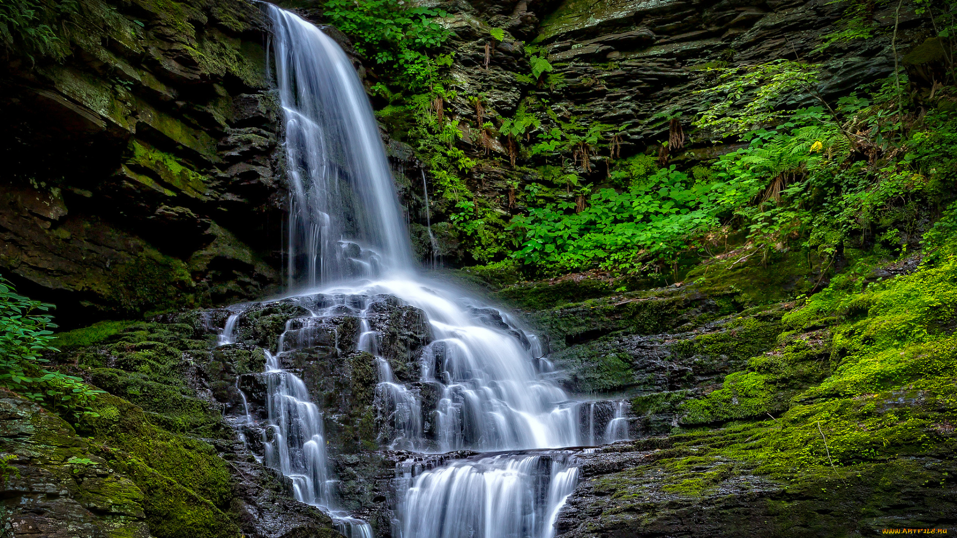 природа, водопады, река, лес, водопад