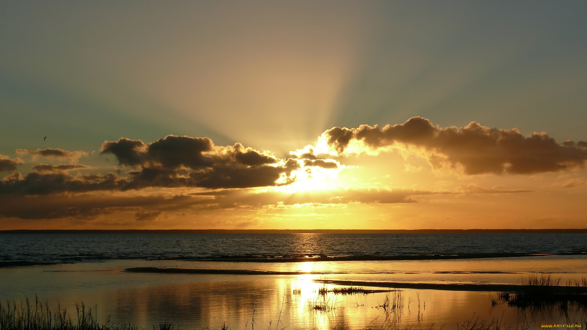 природа, восходы, закаты, солнце, лучи, озеро