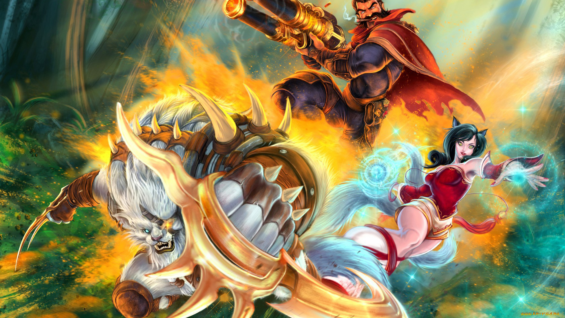 видео, игры, league, of, legends, league, of, legends, nine-tailed, fox, outlaw, ahri, pridestalker, rengar, graves, art