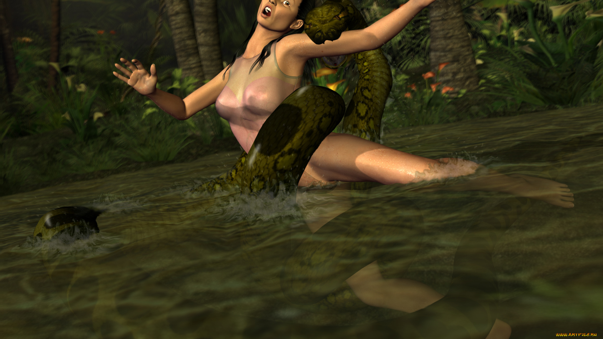 3д, графика, фантазия, , fantasy, фон, девушка, змея, взгляд