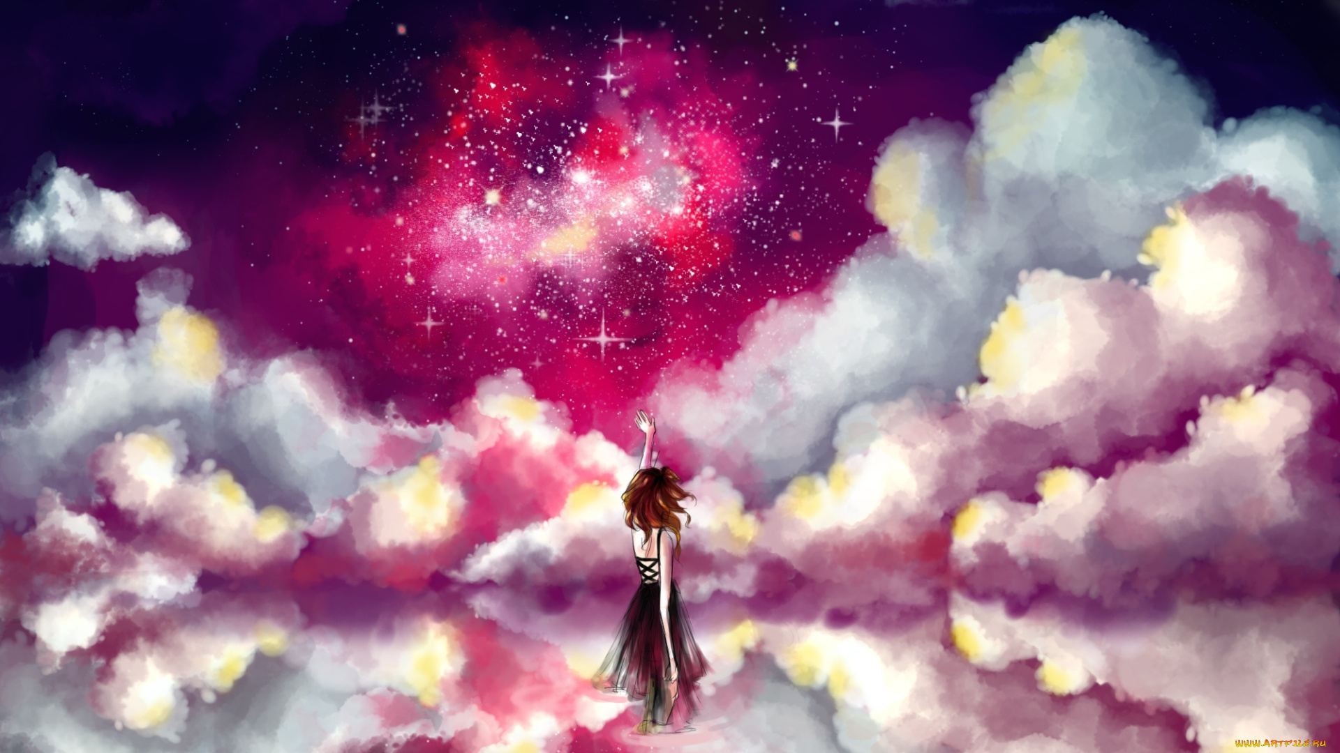 календари, аниме, звезда, облака, водоем, девушка