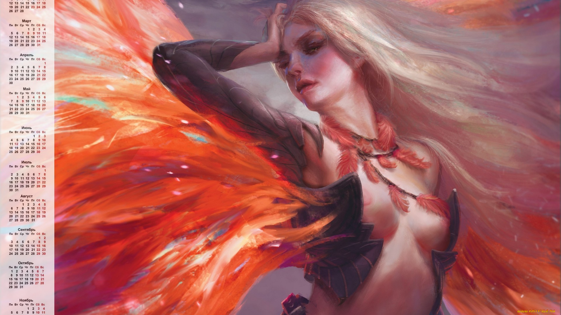 календари, фэнтези, перья, девушка
