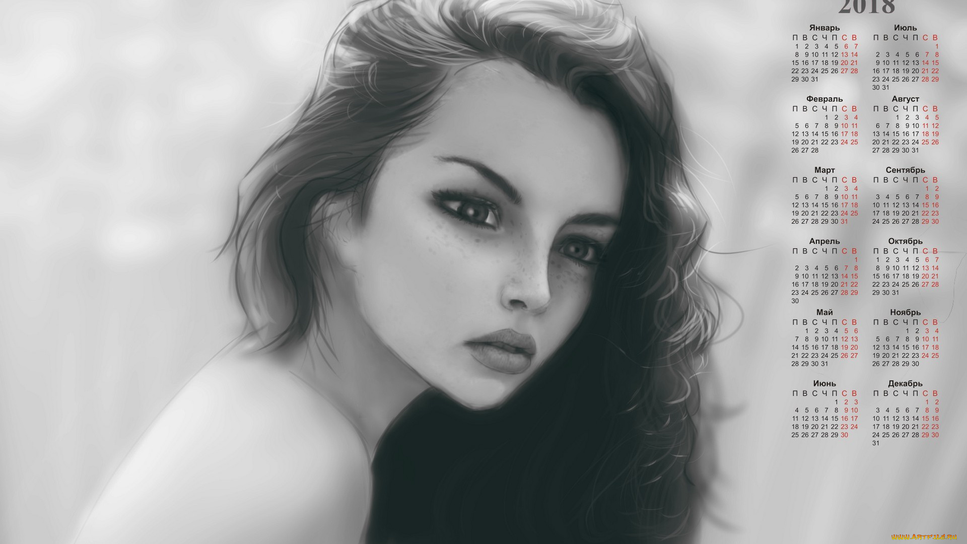 календари, рисованные, , векторная, графика, девушка, лицо, черно-белое