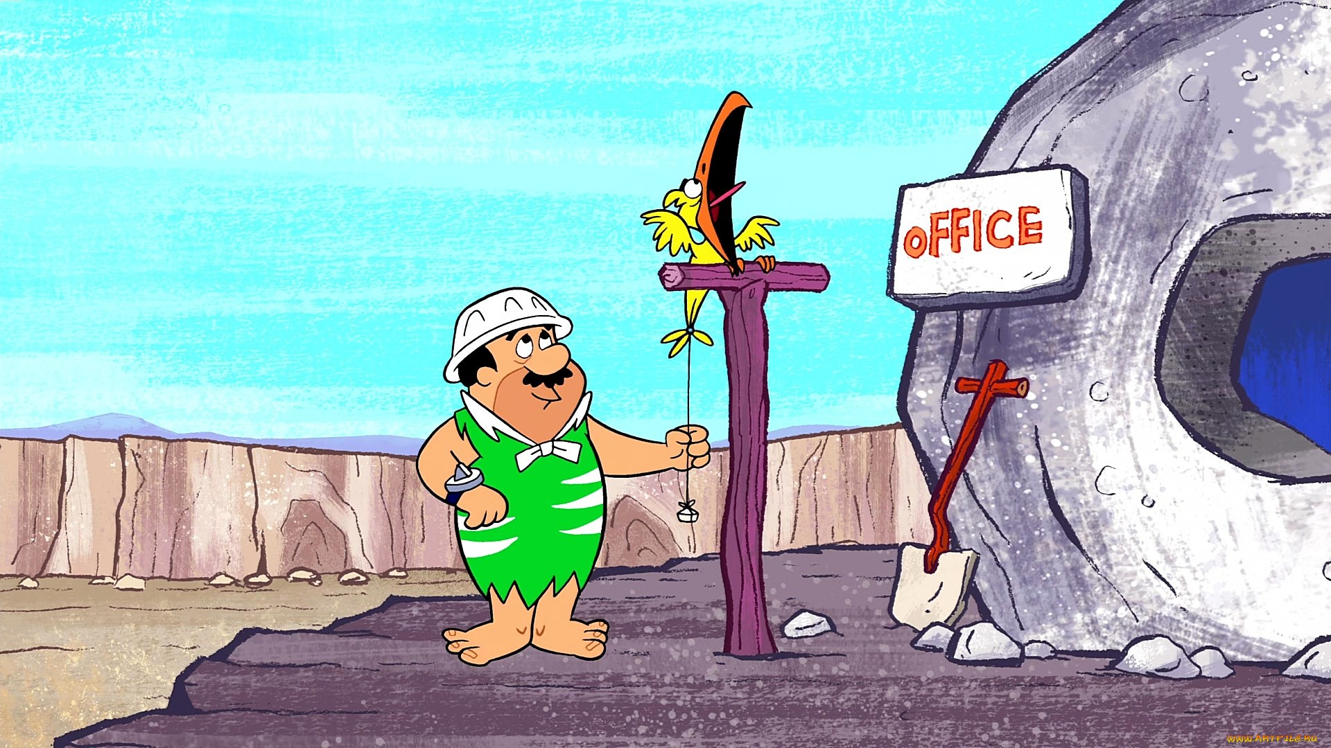 мультфильмы, the, flintstones, мужчина, птица, лопата, каска