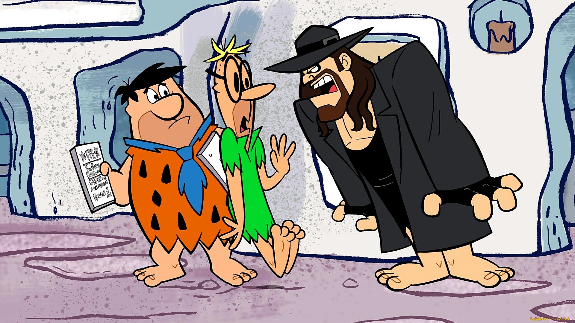 мультфильмы, the, flintstones, мужчина, трое, шляпа, очки, галстук, эмоции