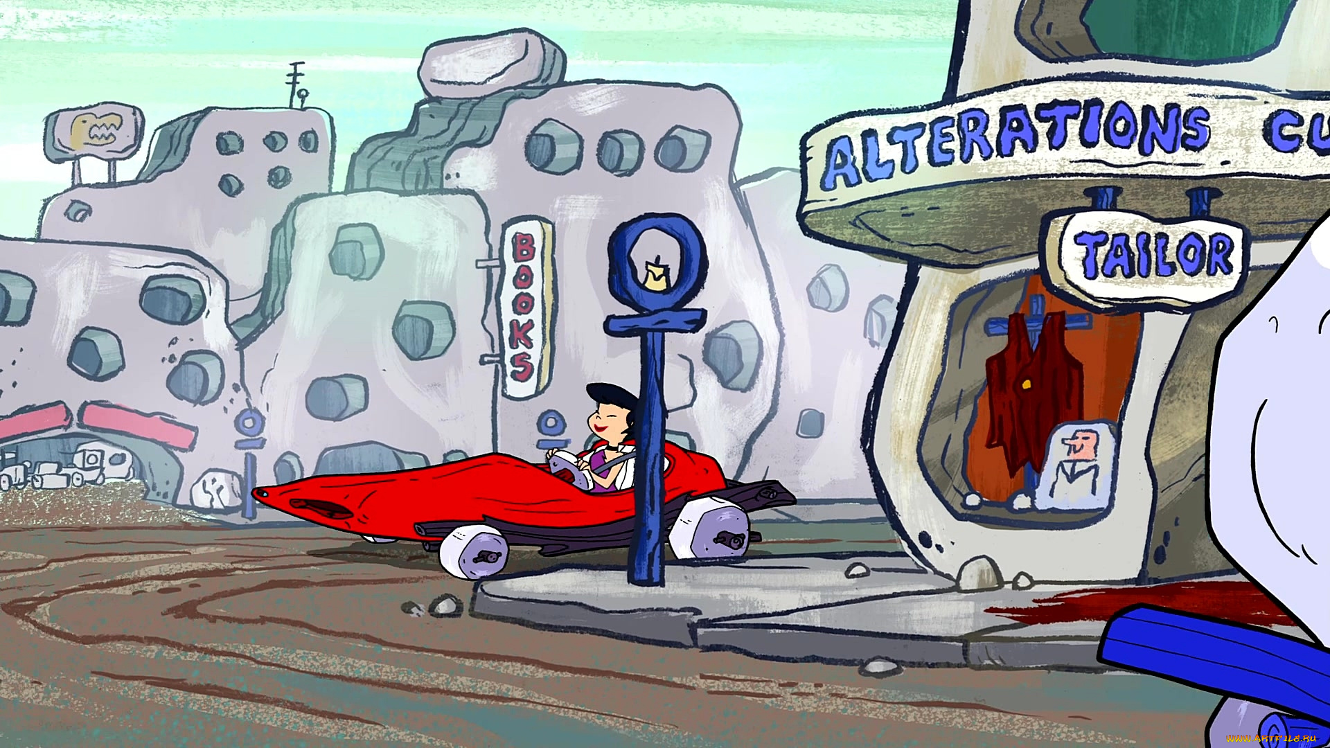 мультфильмы, the, flintstones, женщина, машина, магазин, витрина, здание