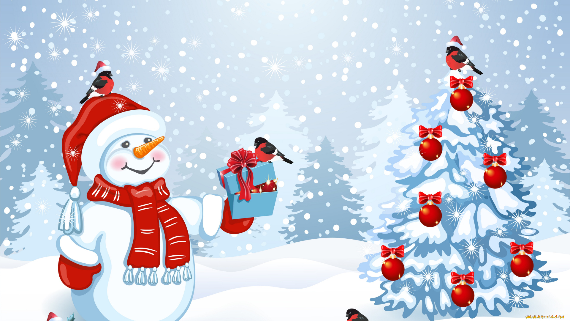 праздничные, векторная, графика, , новый, год, снеговик, новый, год, праздник, елки, зима, снег