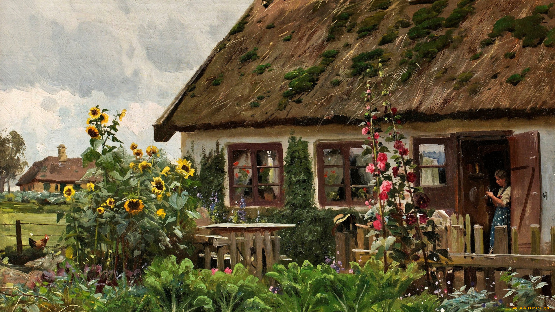 рисованное, живопись, пейзаж, вяжущая, девушка, в, дверях, петер, мёрк, мёнстед, peder, mоrk, mоnsted, дом, картина, цветы