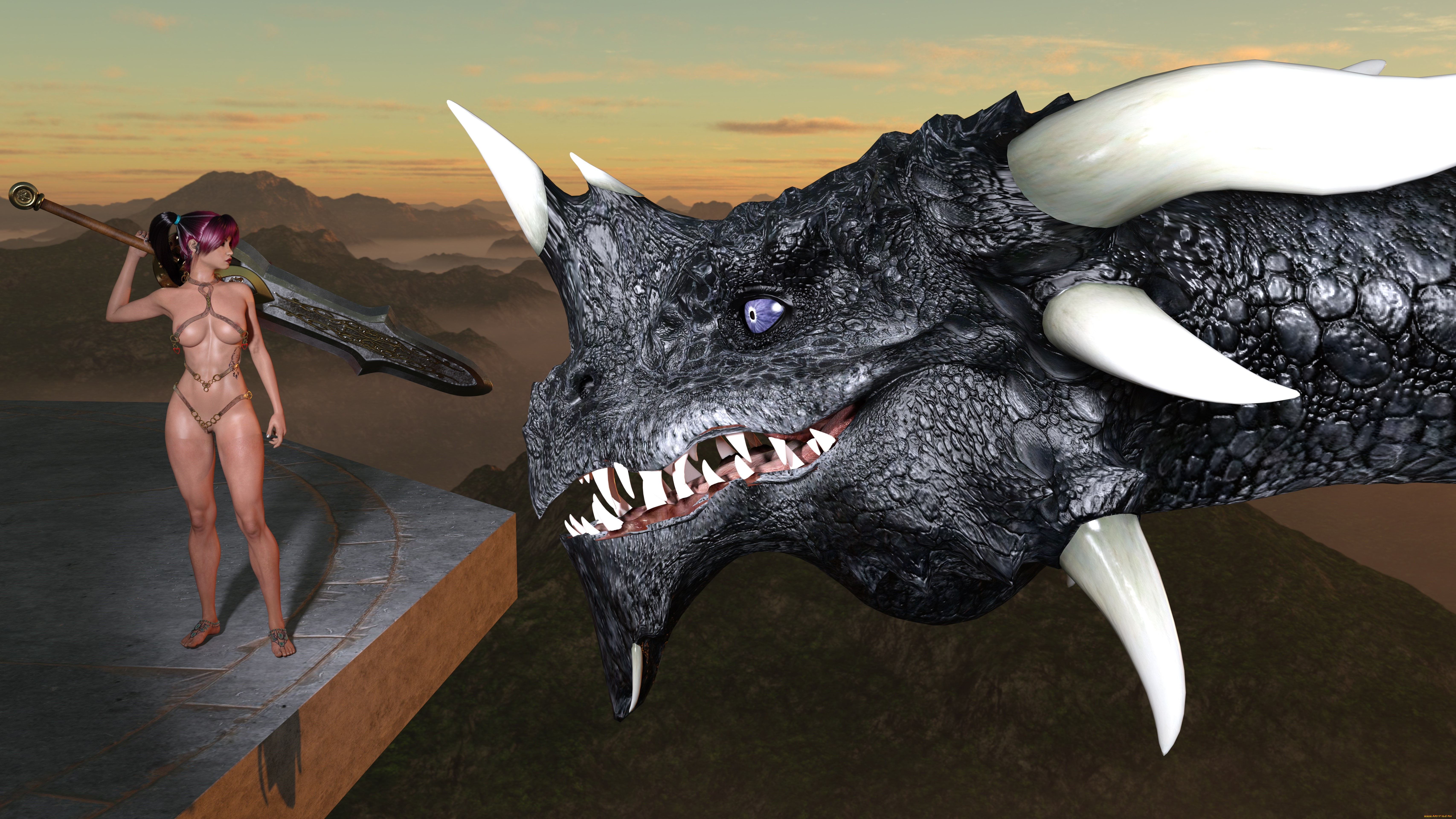 3д, графика, фантазия, , fantasy, дракон, фон, взгляд, девушка