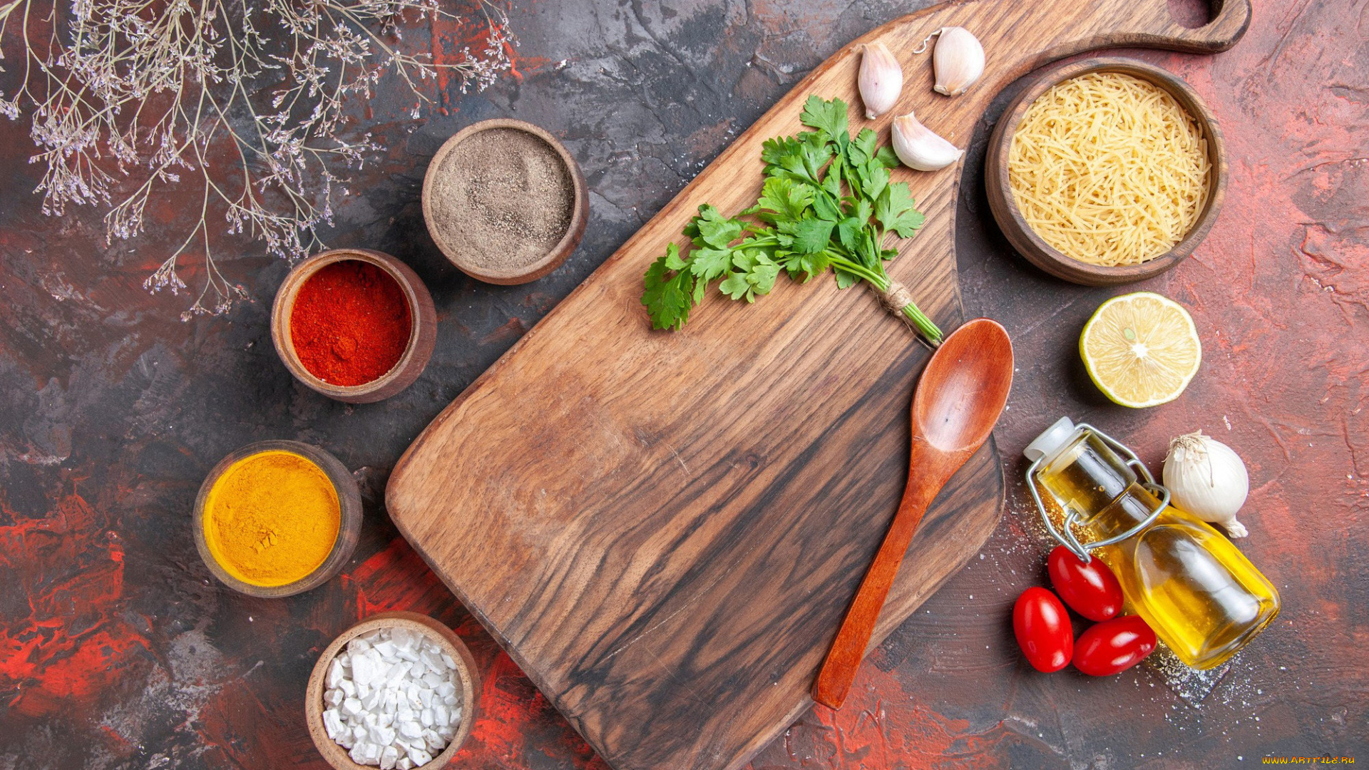 еда, разное, вермишель, помидоры, чеснок, масло, паприка