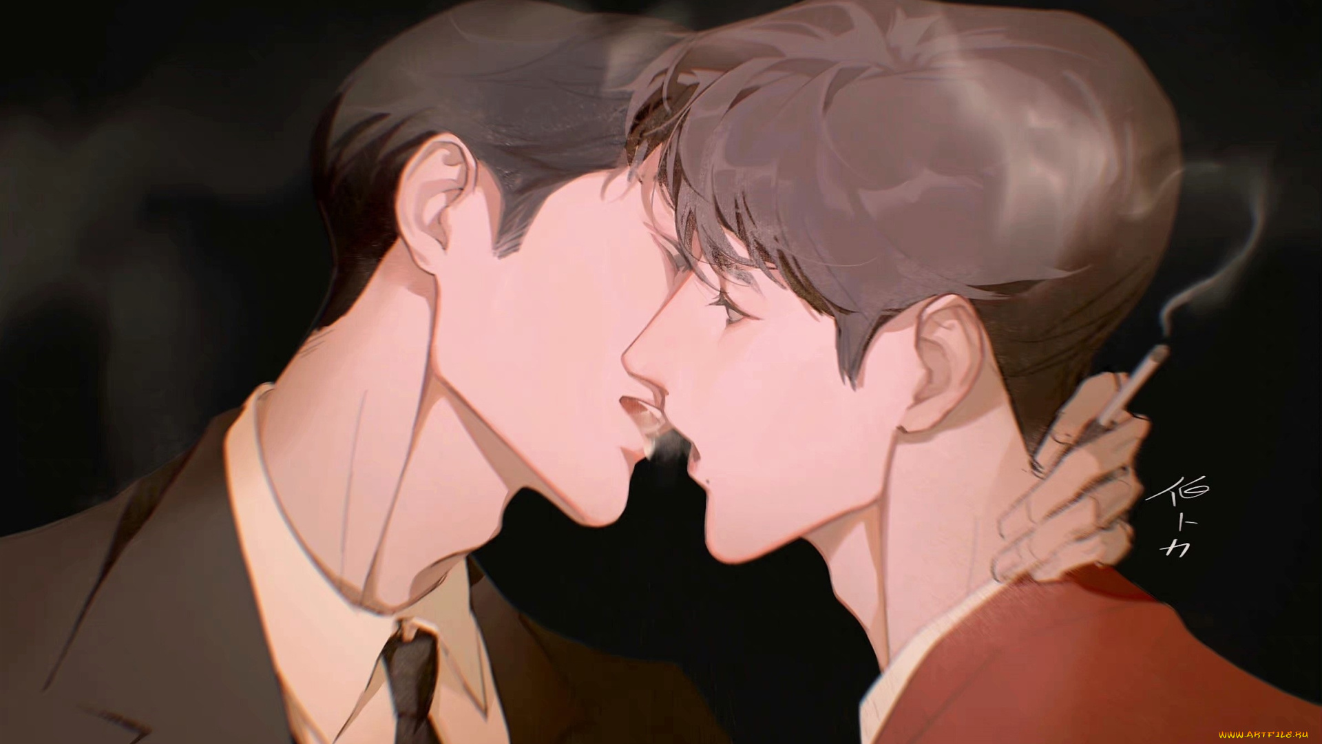 рисованное, люди, парни, поцелуй, сигарета