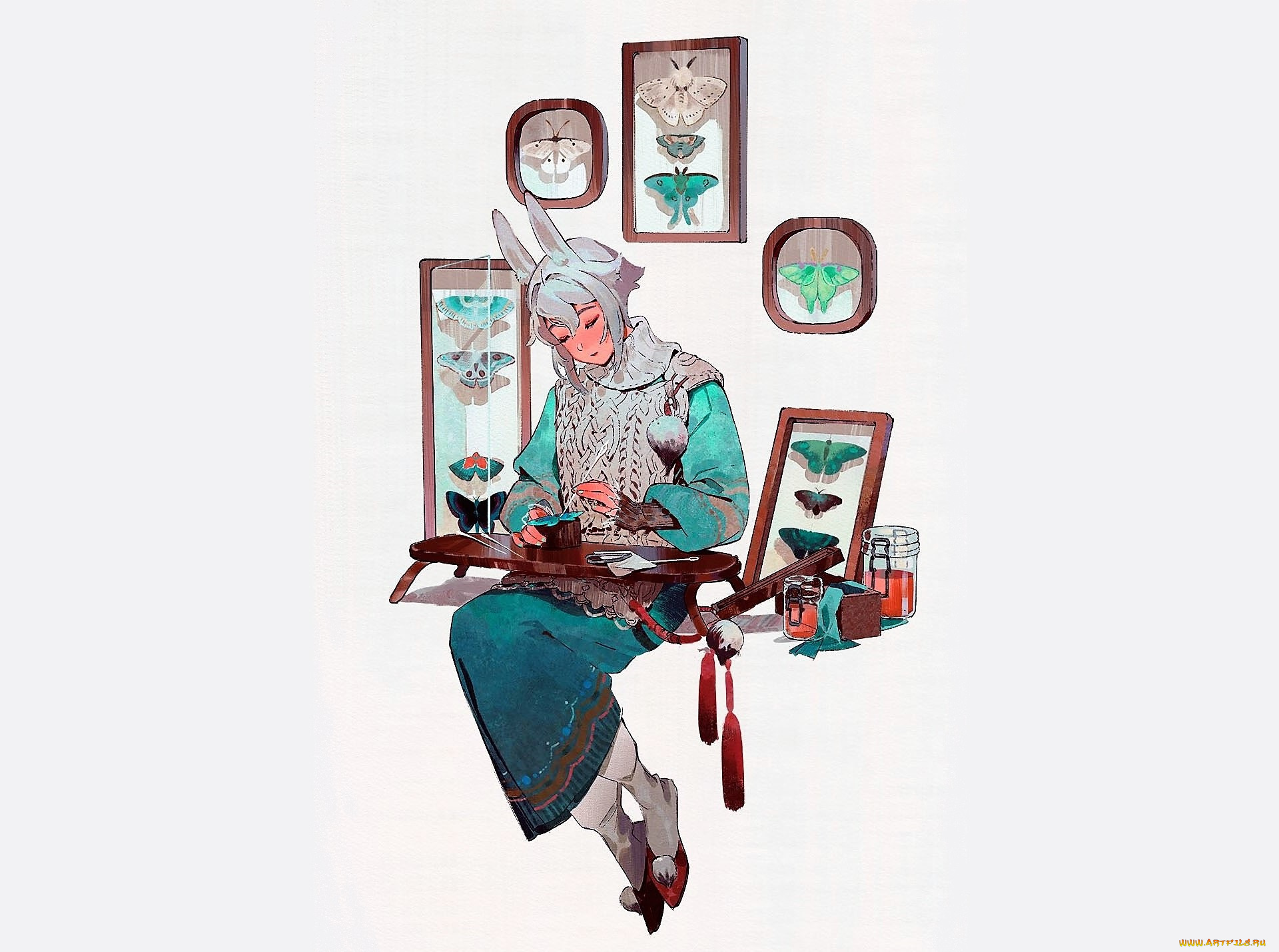 аниме, животные, , существа, девушка, ушки, бабочки