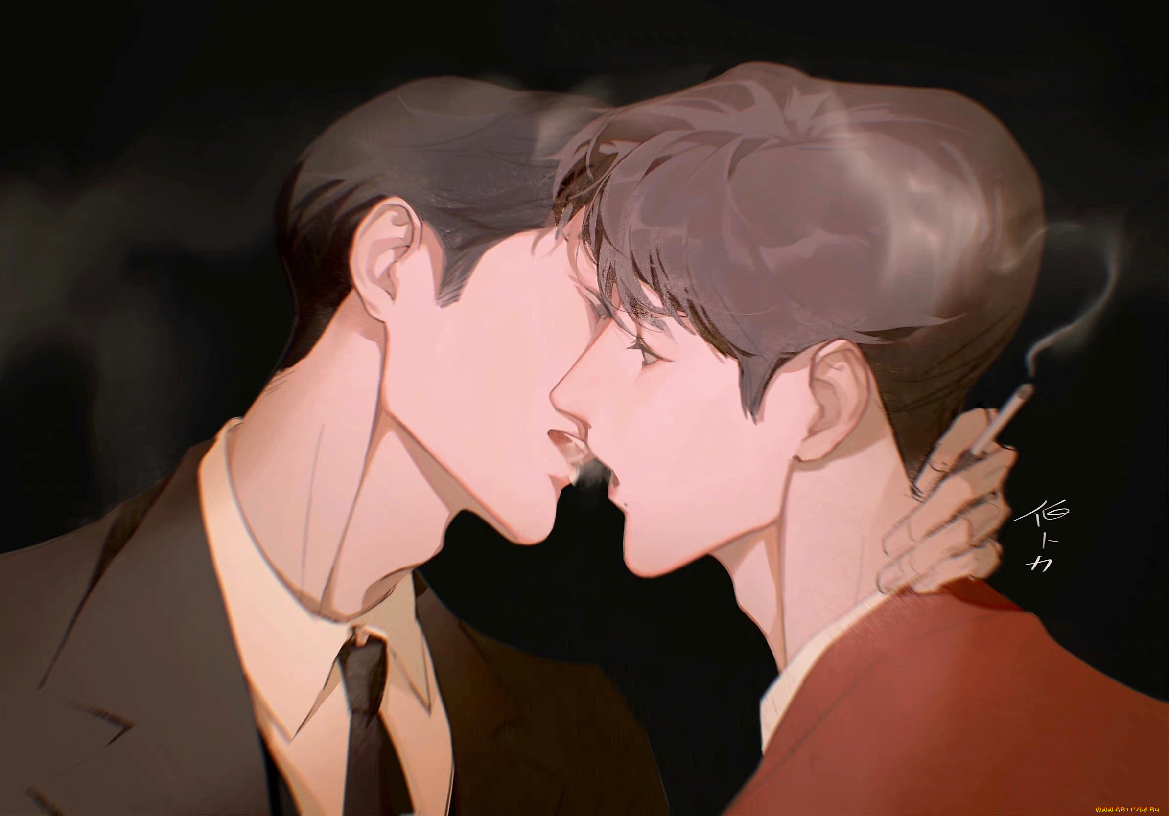 рисованное, люди, парни, поцелуй, сигарета