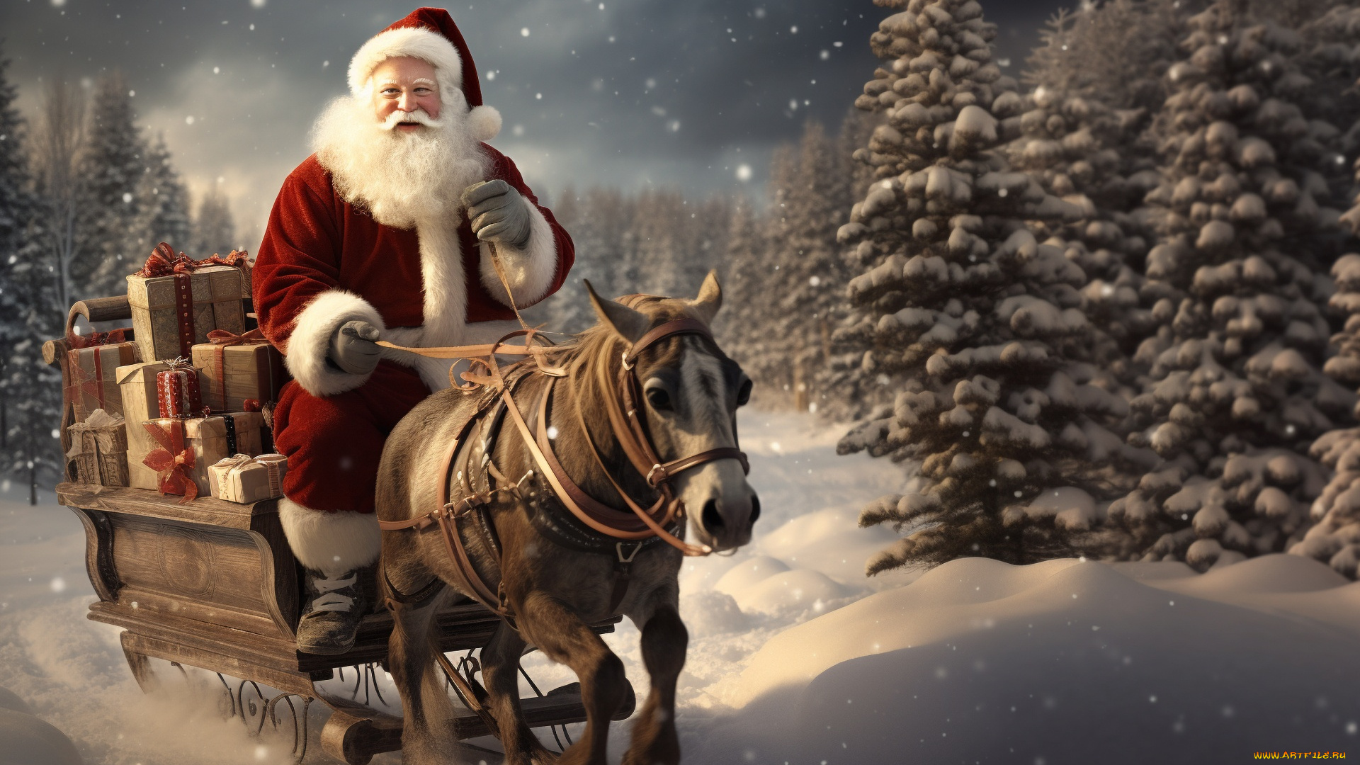 праздничные, дед, мороз, , санта, клаус, санта, повозка, лошадь, подарки