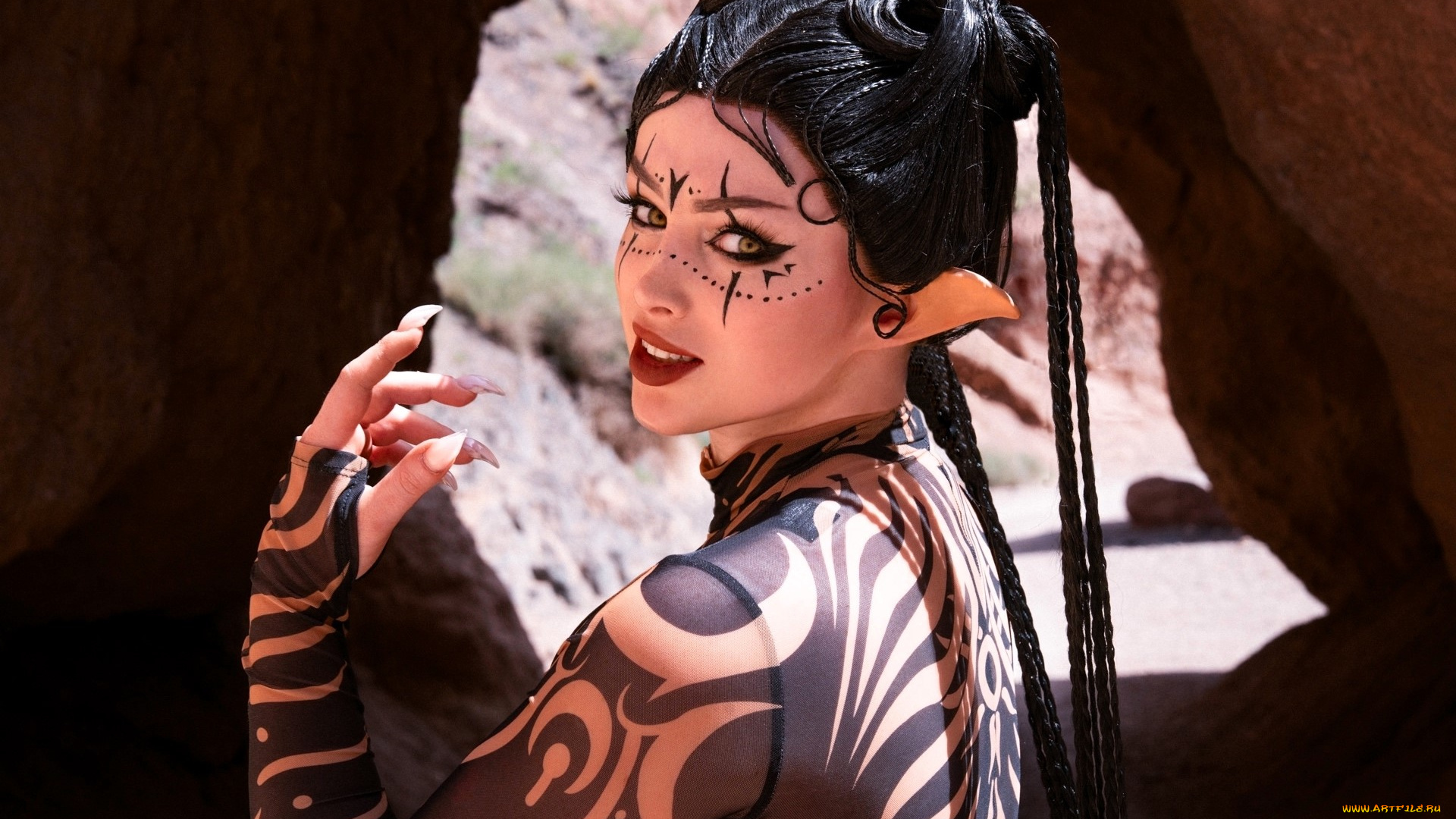 девушки, мария, давыдова, , lady, melamori, образ, косплей, наряд, косы, ушки, орнамент, скалы