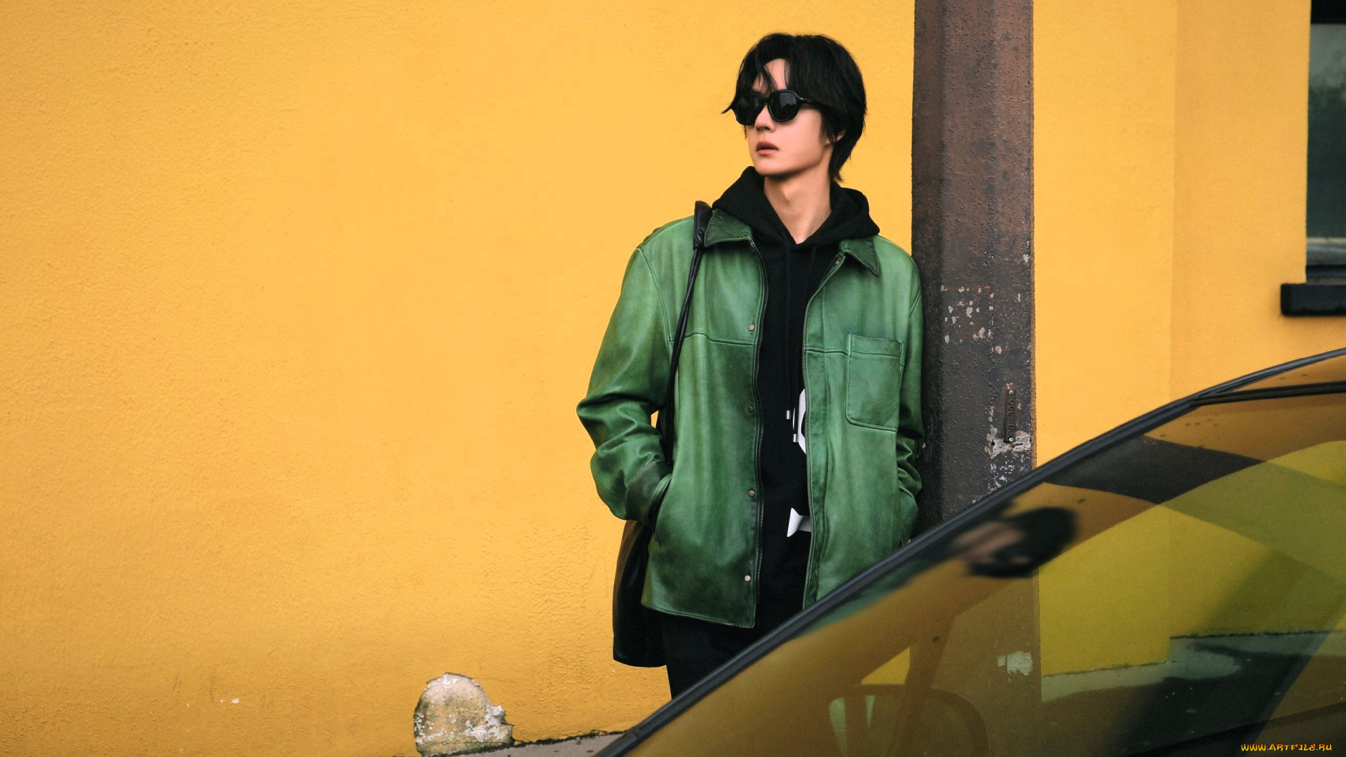 мужчины, wang, yi, bo, актер, очки, куртка, столб, машина