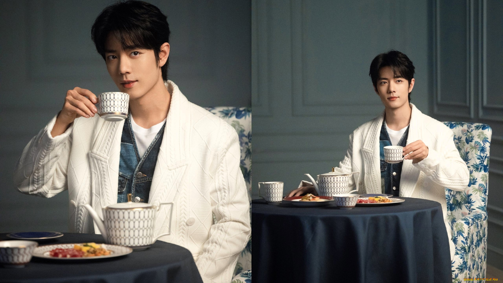 мужчины, xiao, zhan, актер, пиджак, стол, чаепитие