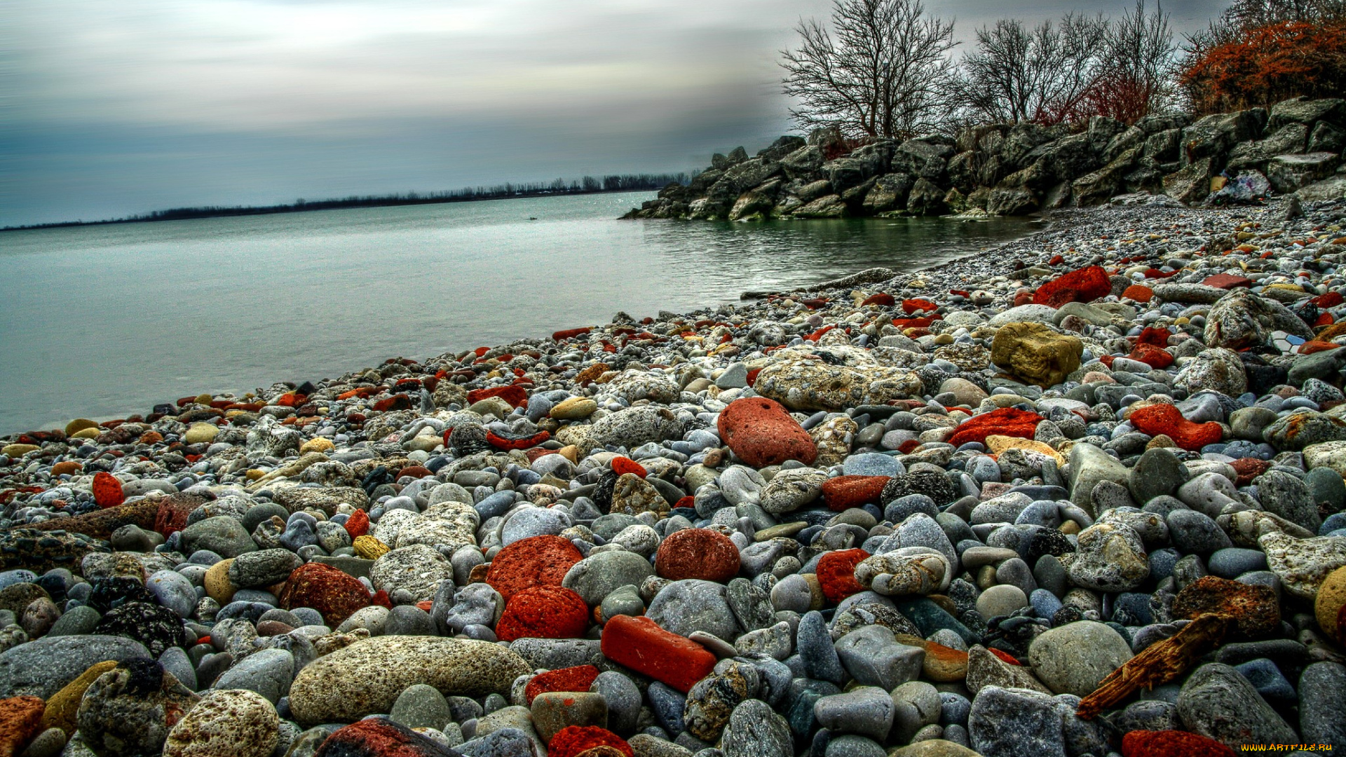 природа, побережье, озеро, берег, камни, галька, деревья