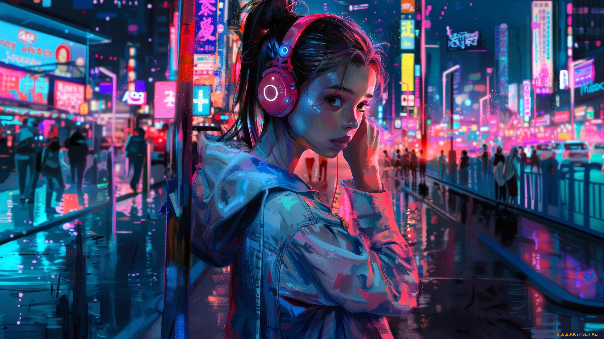 рисованное, люди, девочка, наушники, куртка, дождь, лужи, город, огни, неон