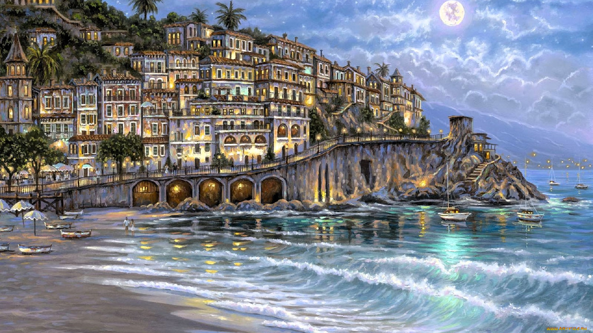 рисованное, robert, finale, город, дома, набережная, склон, море