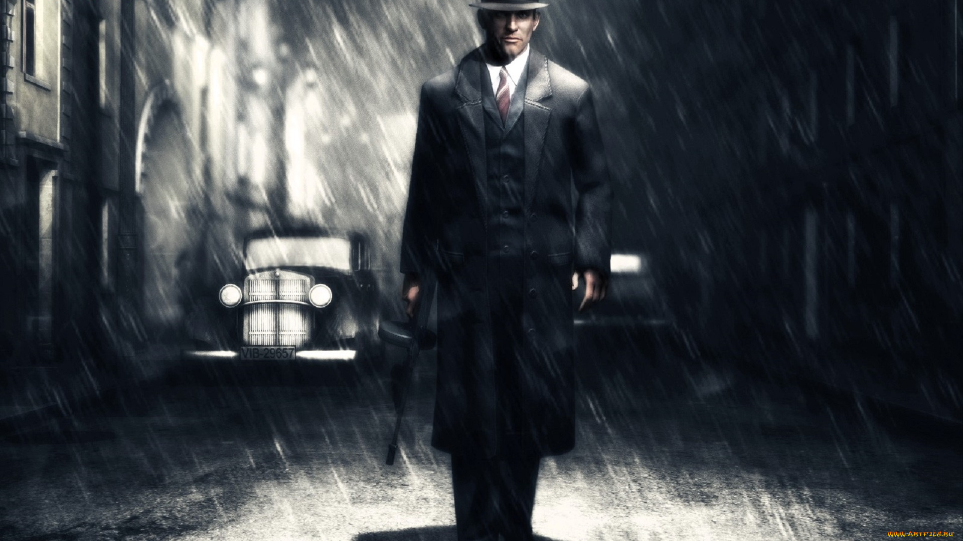 видео, игры, смерть, шпионам, , момент, истины, разведчик, мужчина, шляп, плащ, автомат, дождь, машина, город, дома