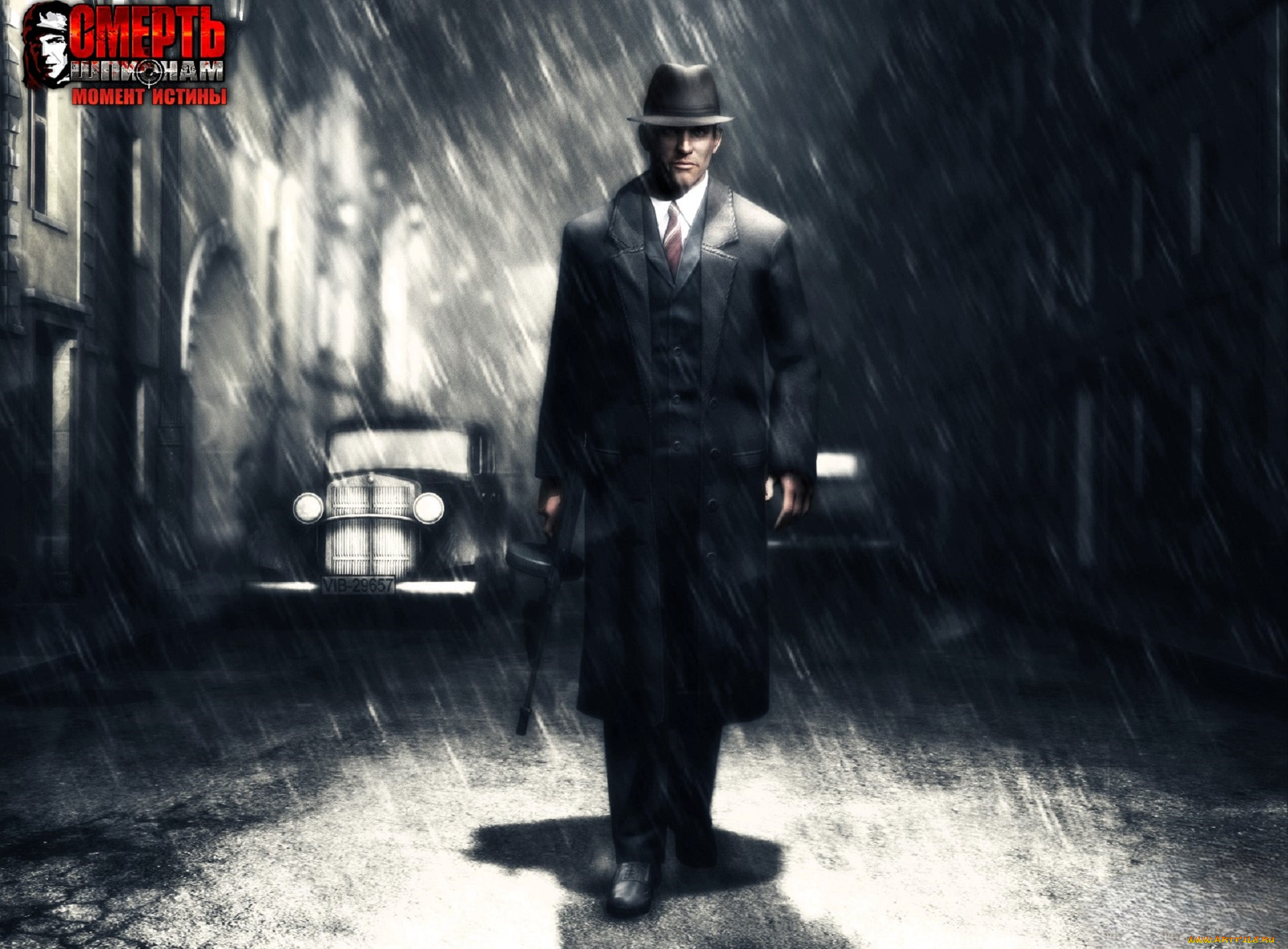 видео, игры, смерть, шпионам, , момент, истины, разведчик, мужчина, шляп, плащ, автомат, дождь, машина, город, дома