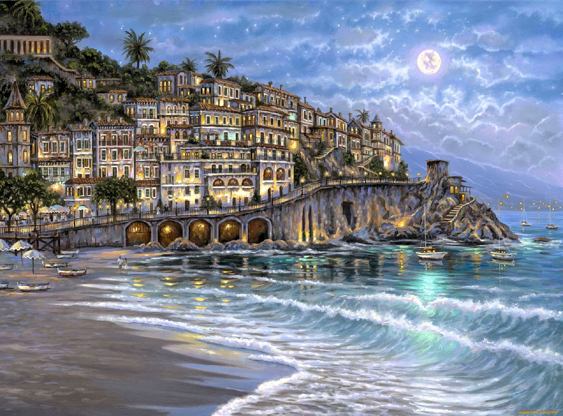 рисованное, robert, finale, город, дома, набережная, склон, море