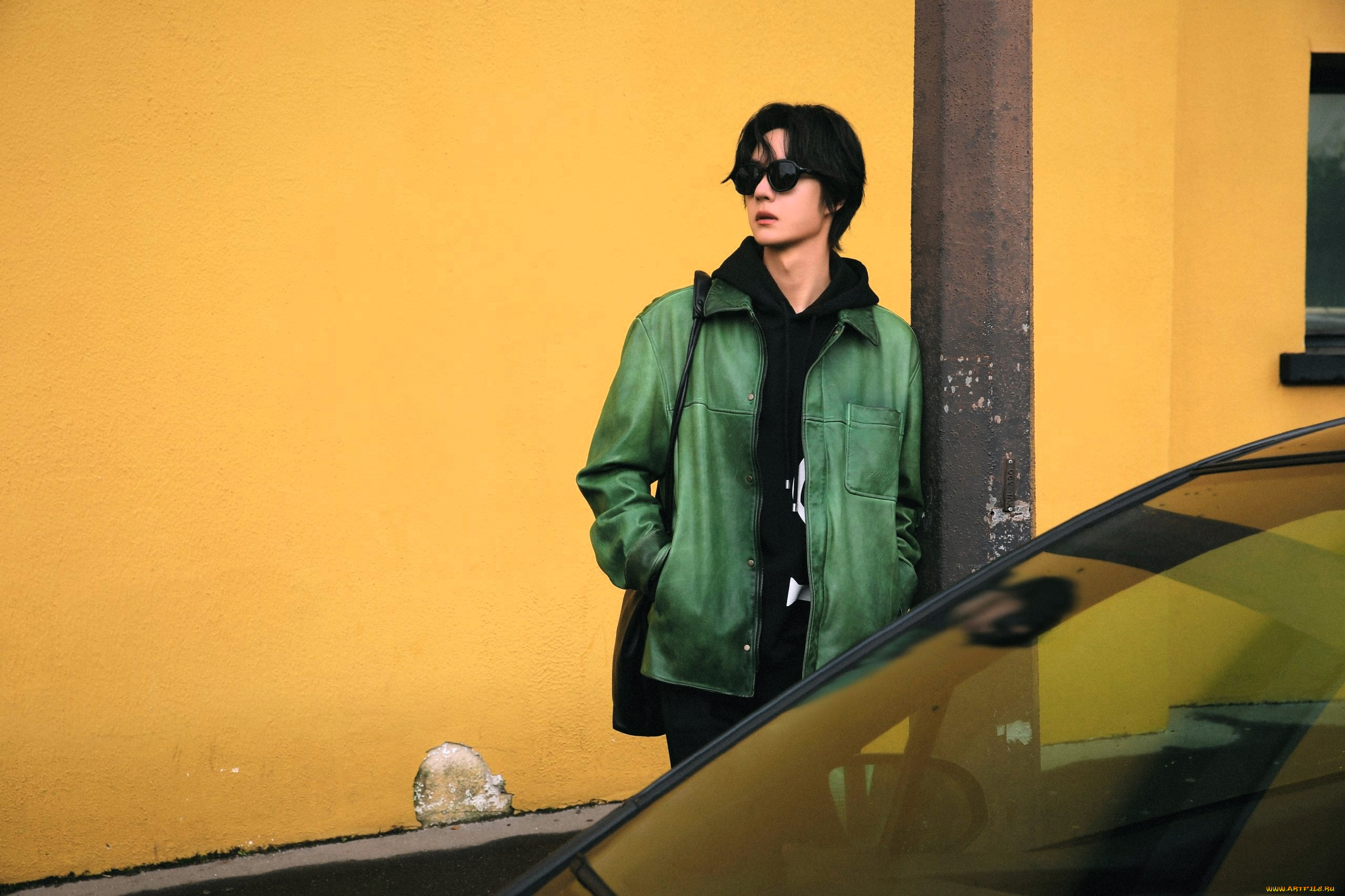 мужчины, wang, yi, bo, актер, очки, куртка, столб, машина