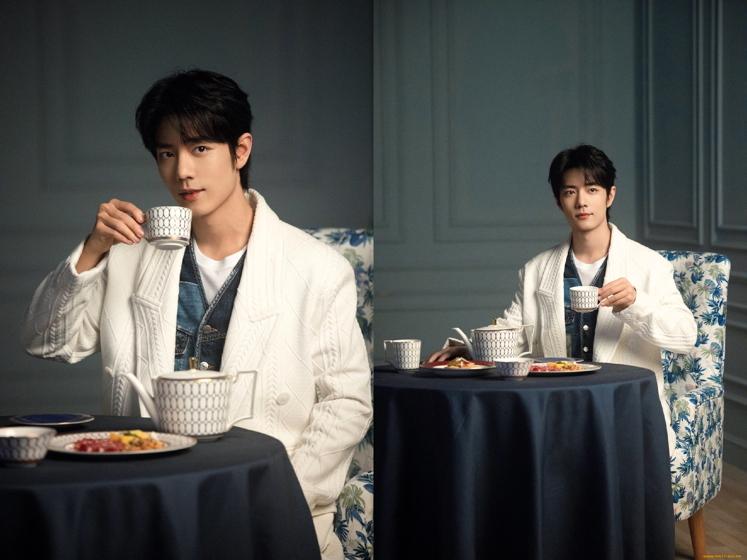 мужчины, xiao, zhan, актер, пиджак, стол, чаепитие