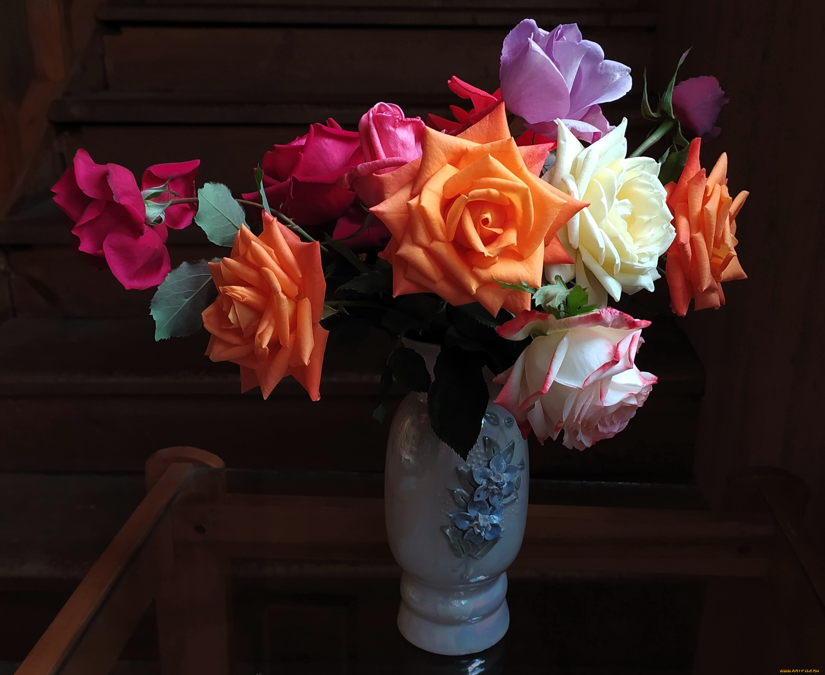 цветы, розы, ваза, букет