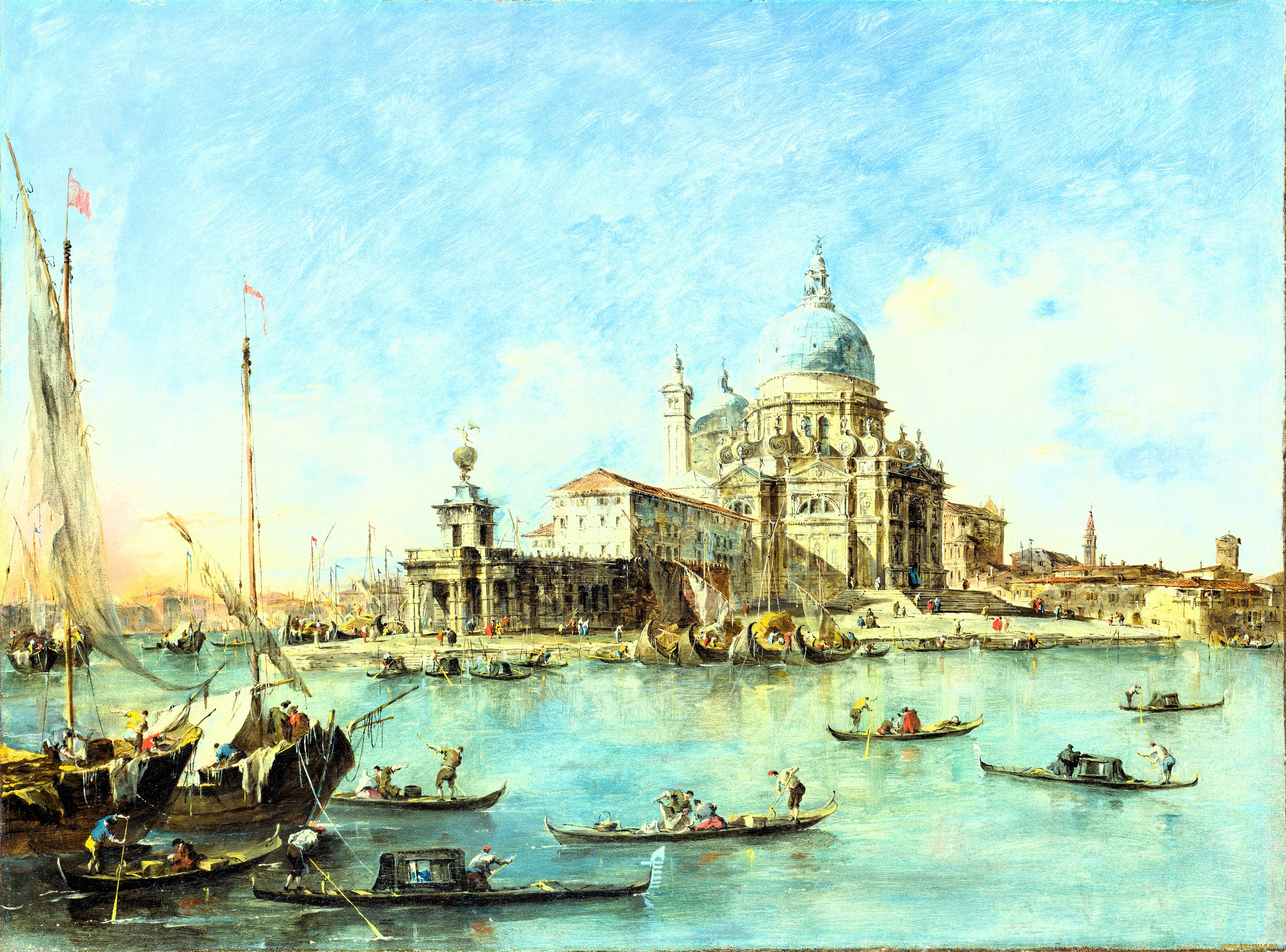 рисованное, francesco, guardi, венеция, дворец, лодки, море