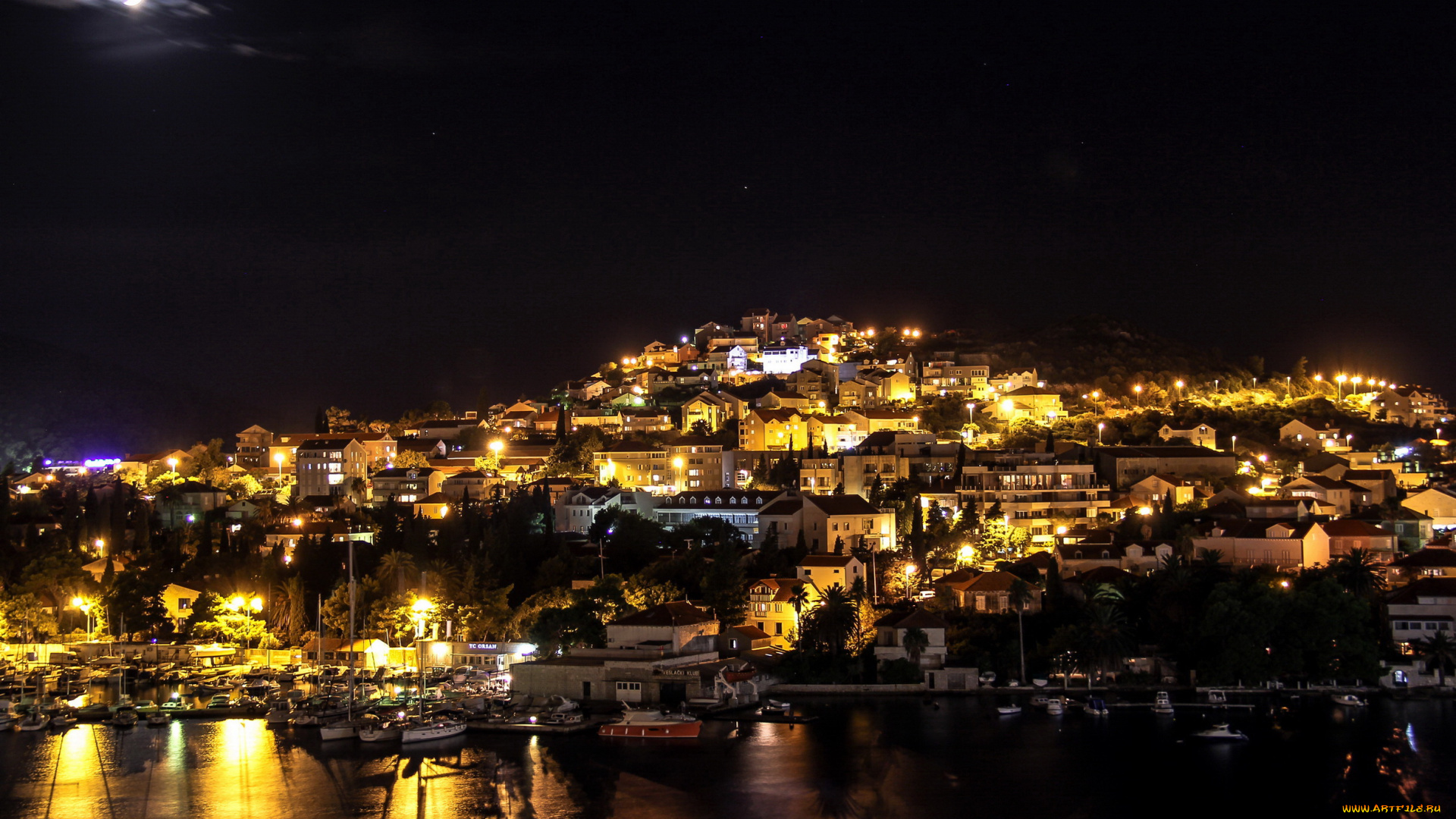 города, дубровник, хорватия, дома, море, огни, ночь, побережье