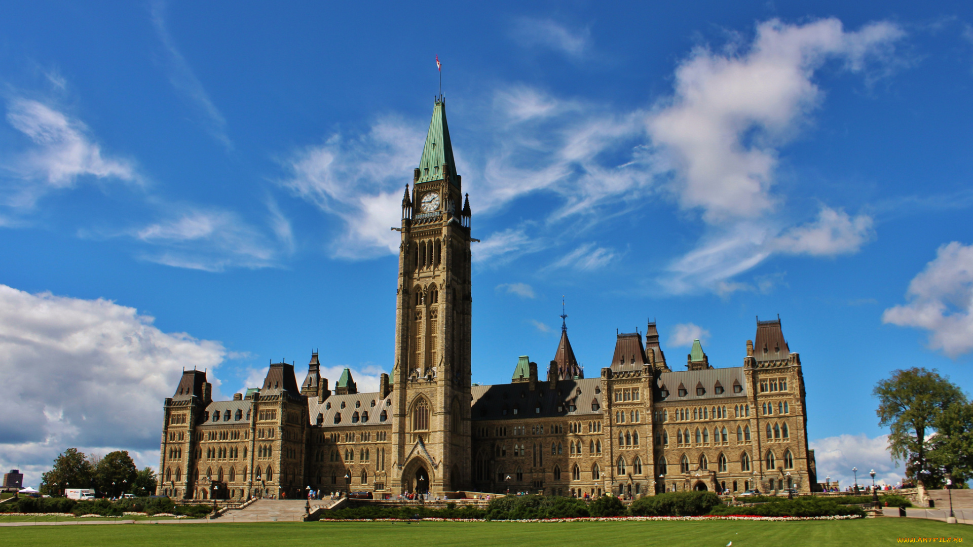 города, оттава, канада, шпиль, часы, башня, замок, лужайка