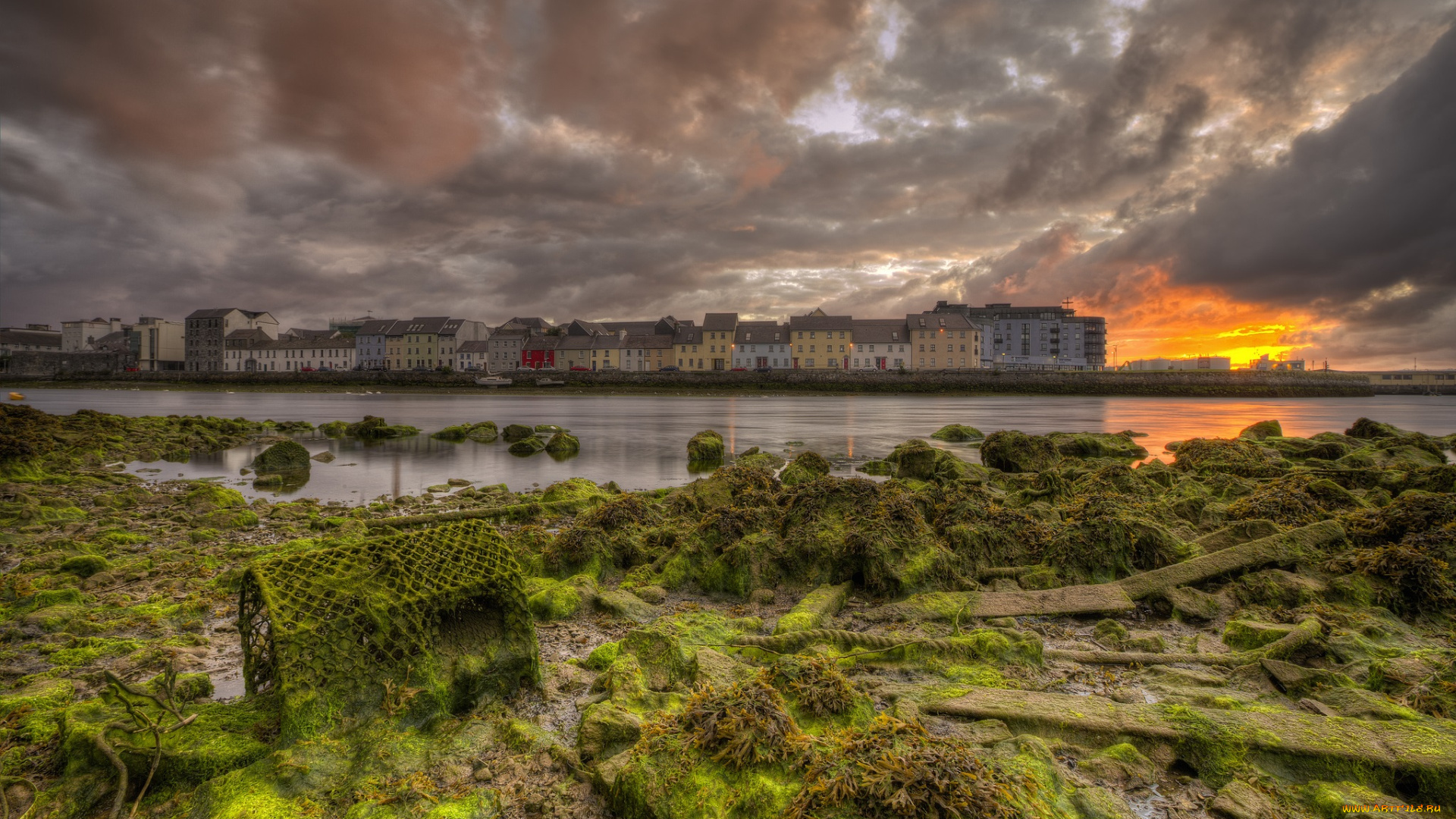 города, пейзажи, сумрак, город, река, тина, тучи