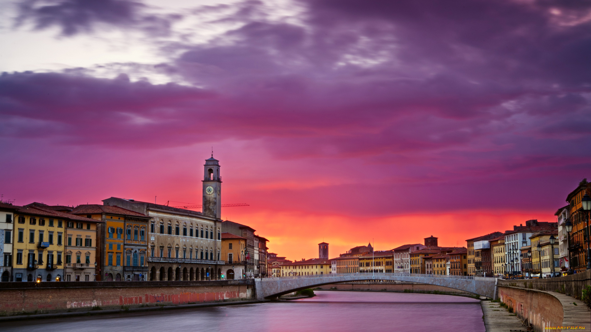 пиза, тоскана, италия, города, рассвет, дома, река, мост