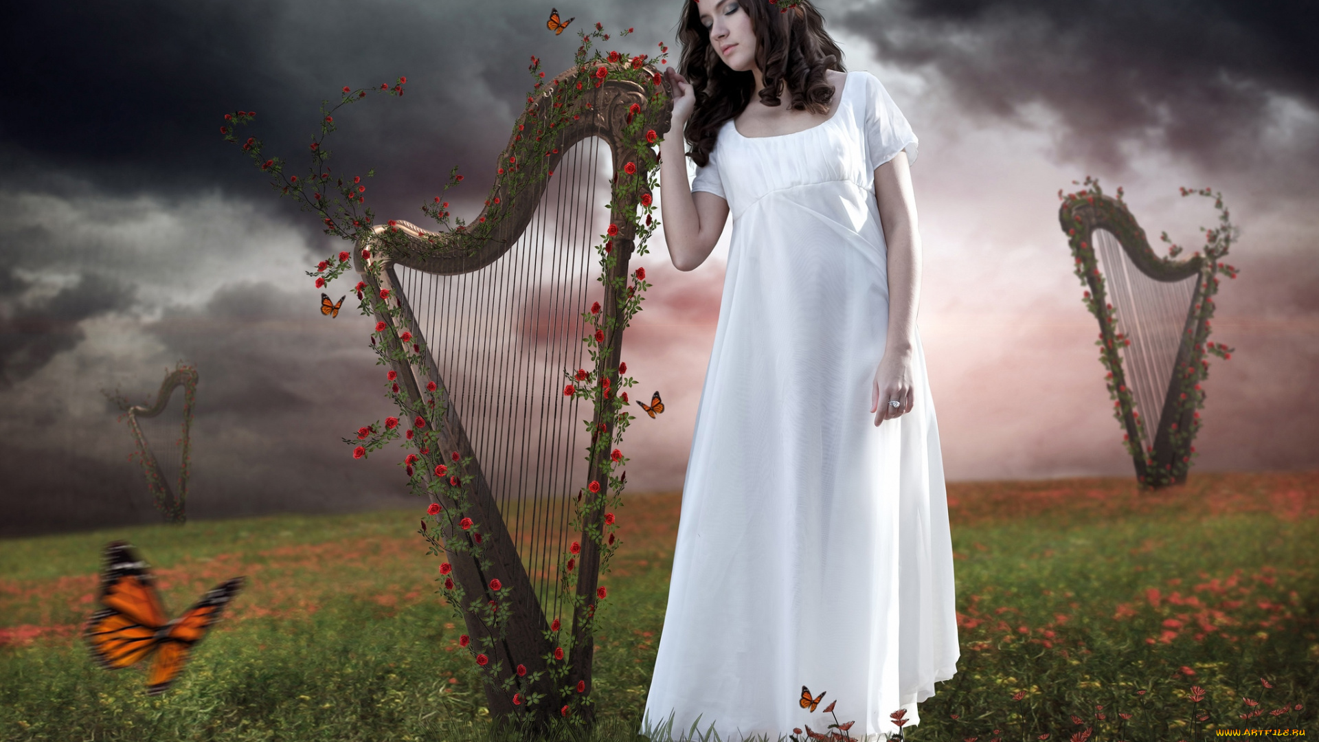 разное, компьютерный, дизайн, арфа, девушка