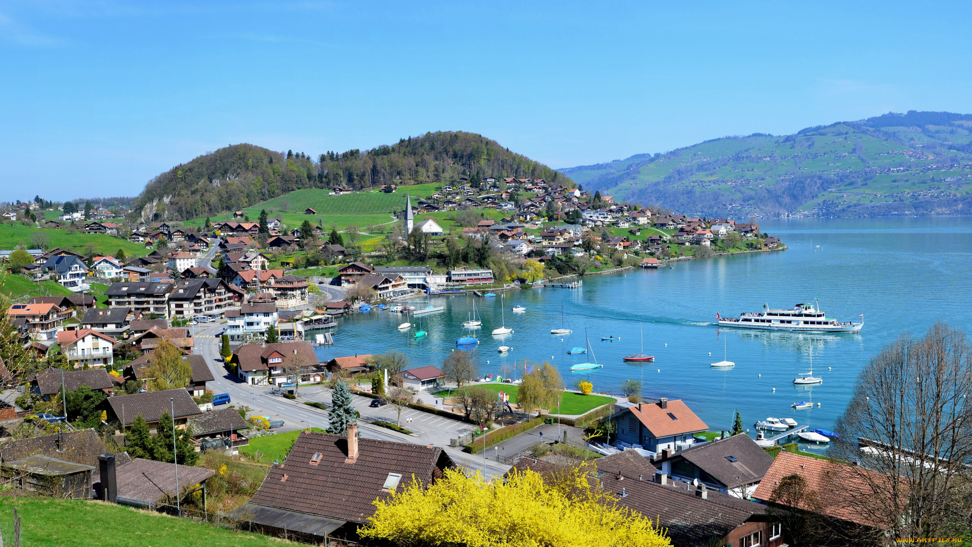 швейцария, берн, шпиц, города, пейзажи, дома, горы, озеро, суда