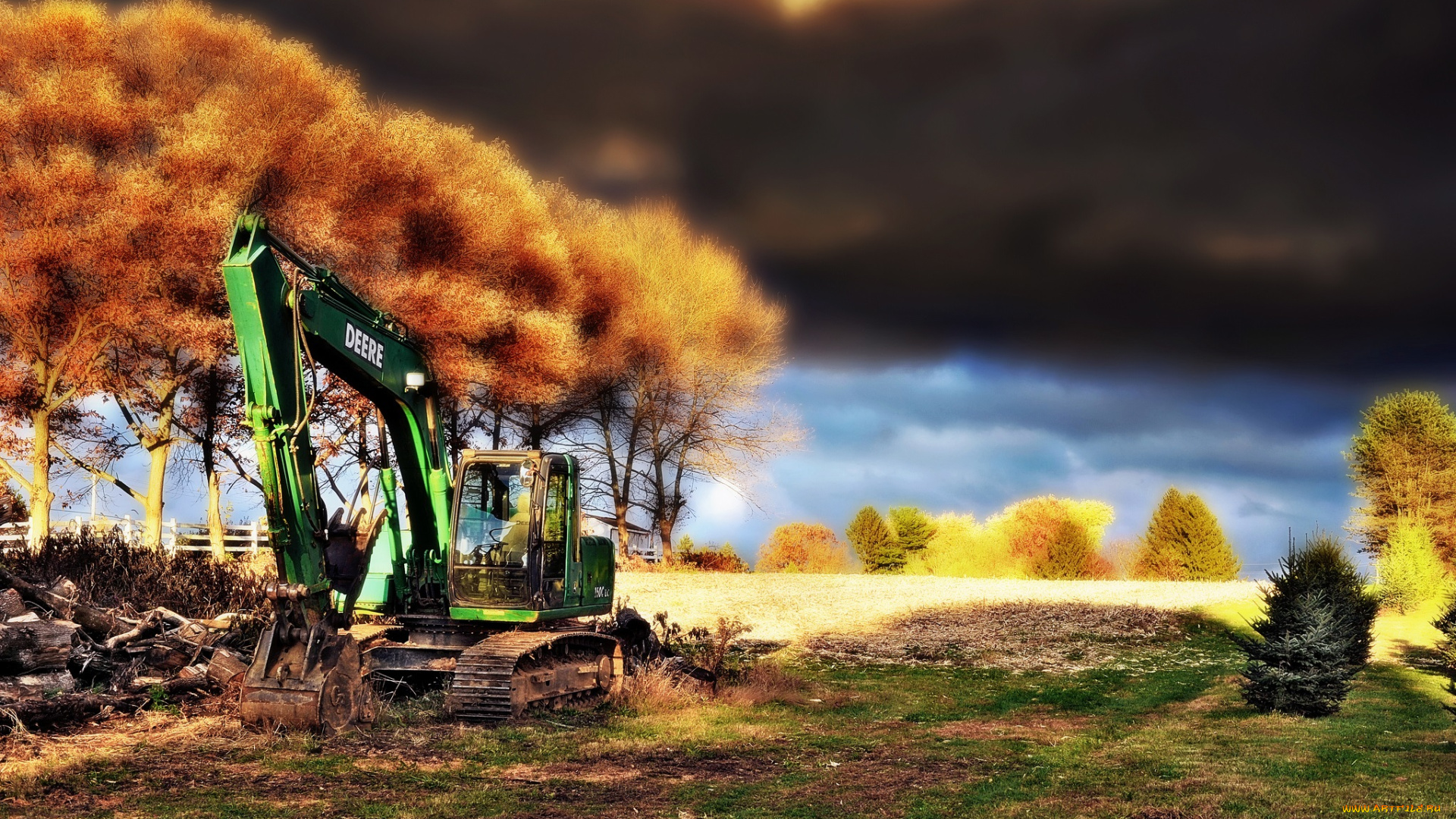 техника, экскаваторы, поле, экскаватор, осень, трава, деревья