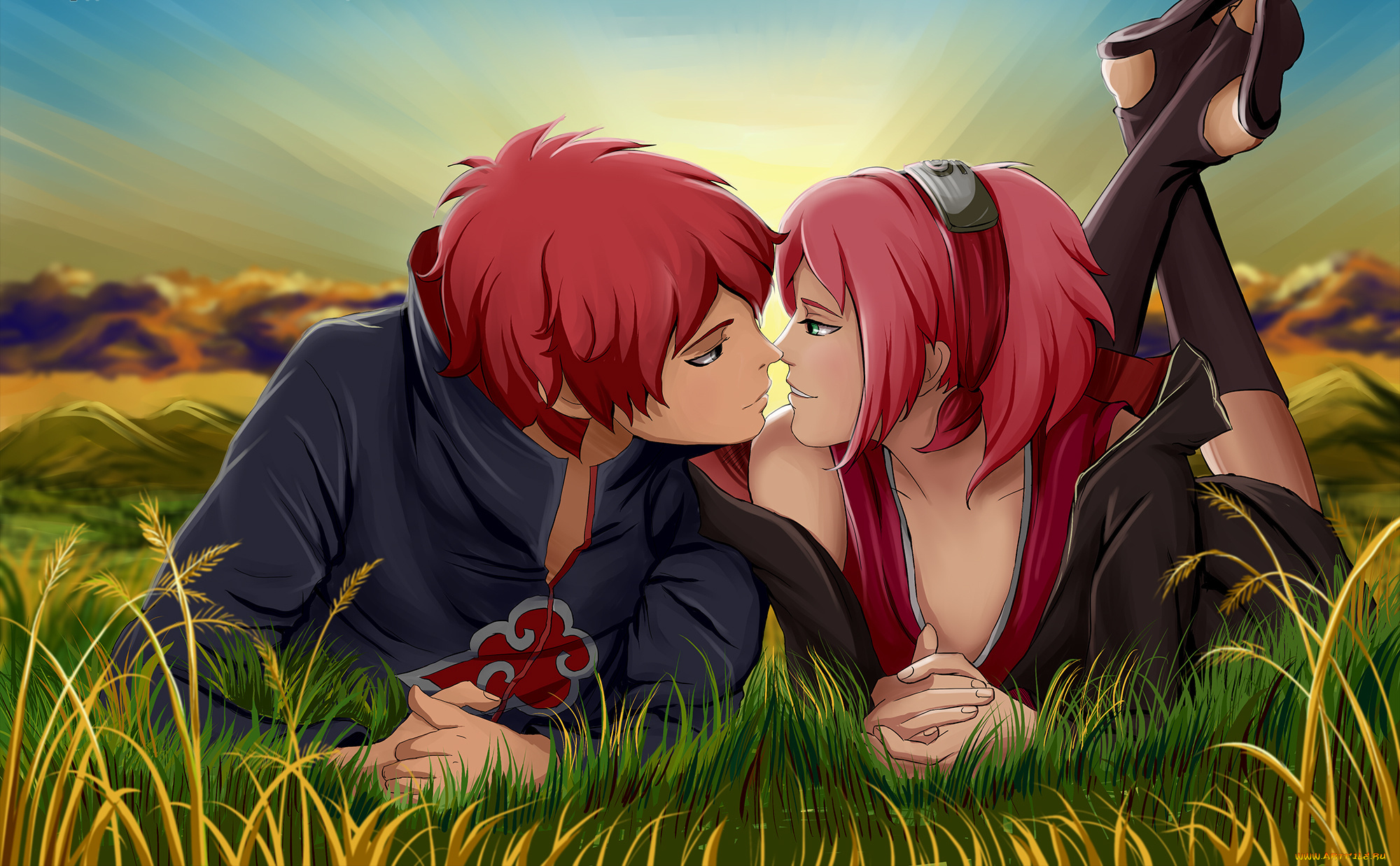 аниме, naruto, поцелуй, рассвет, любовь, трава, пара