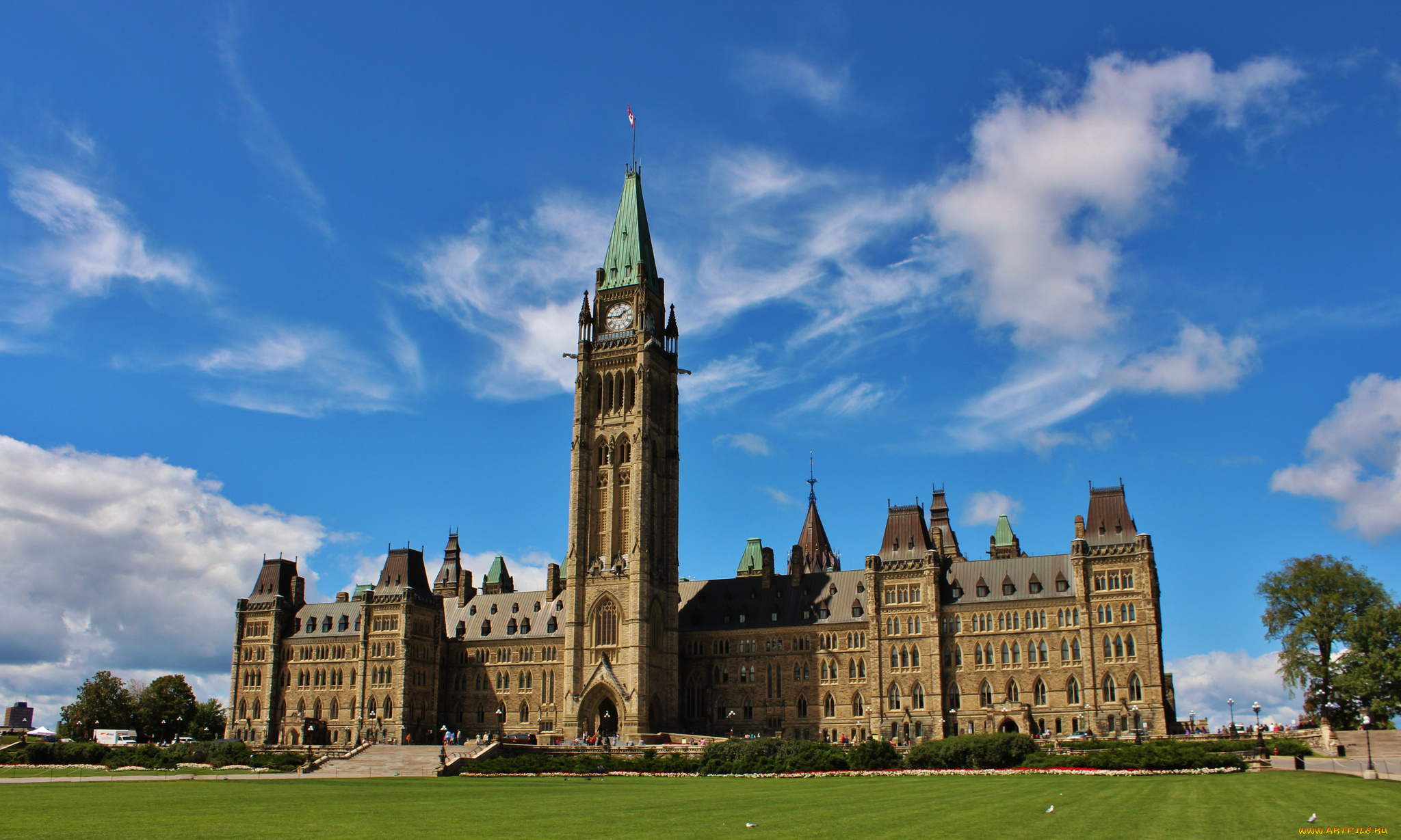города, оттава, канада, шпиль, часы, башня, замок, лужайка