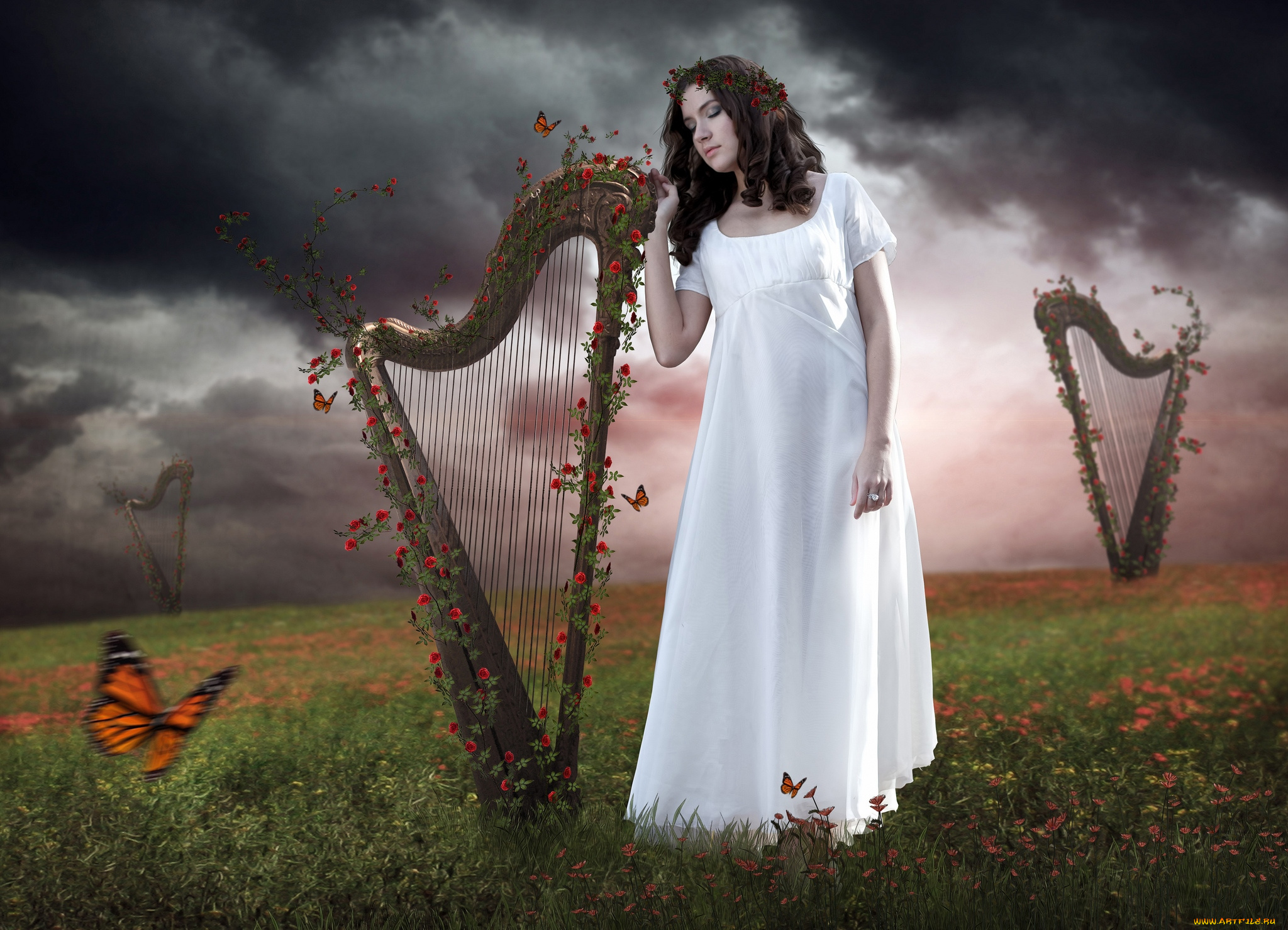 разное, компьютерный, дизайн, арфа, девушка