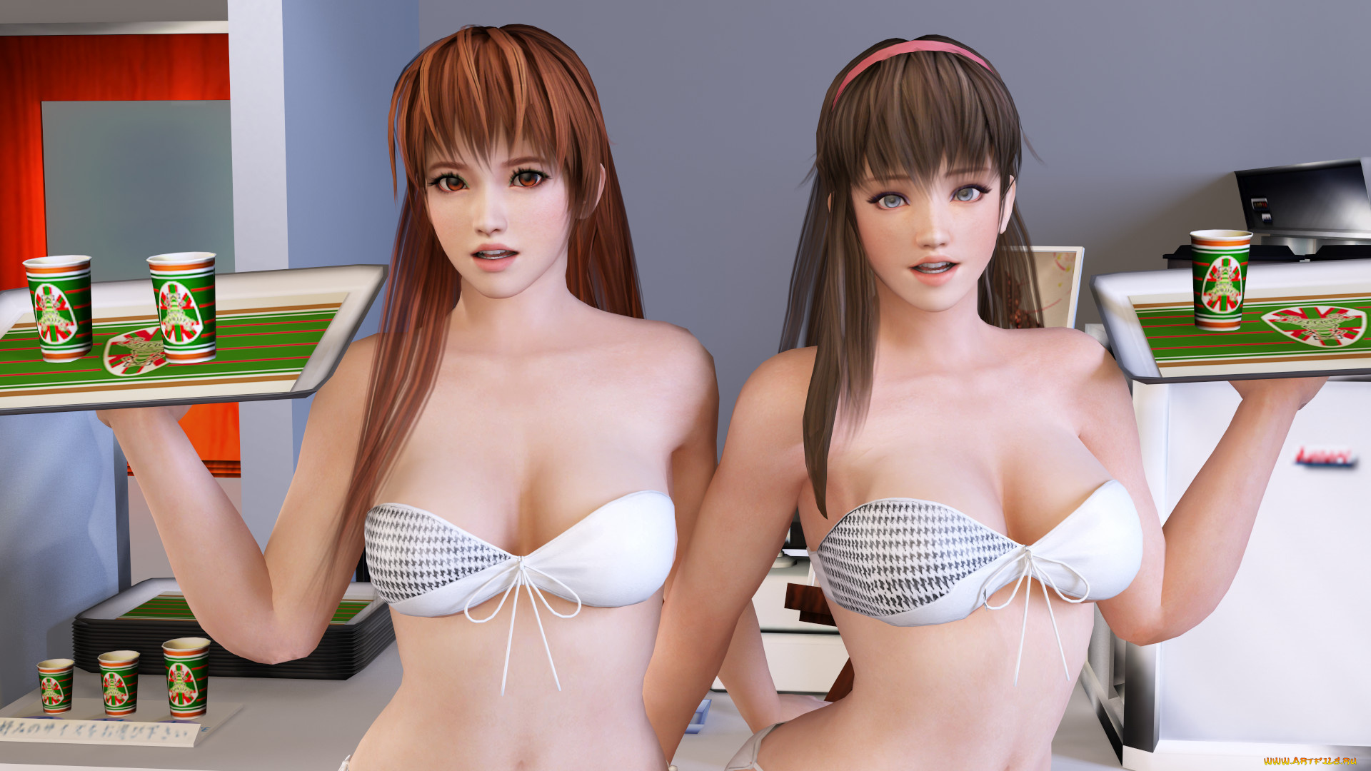 3д, графика, аниме, , anime, девушка, взгляд, фон, поднос