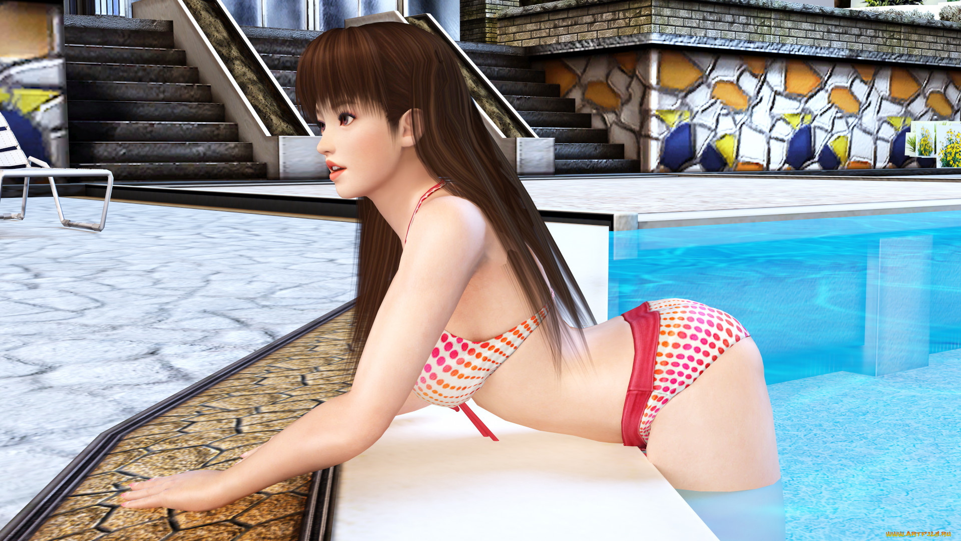 3д, графика, аниме, , anime, девушка, взгляд, фон, бассейн