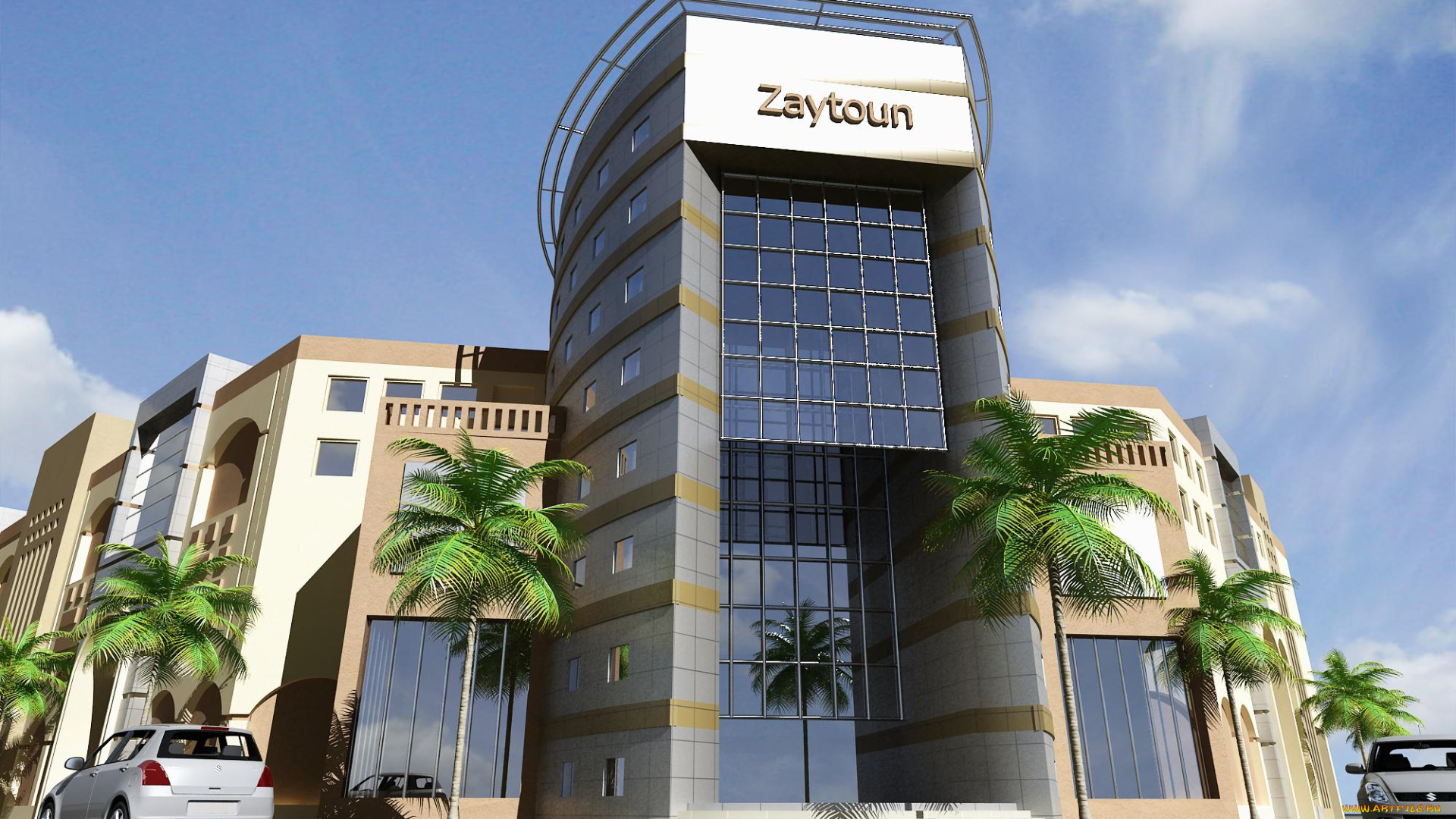 3д, графика, архитектура, , architecture, дом, пальмы, автомобили