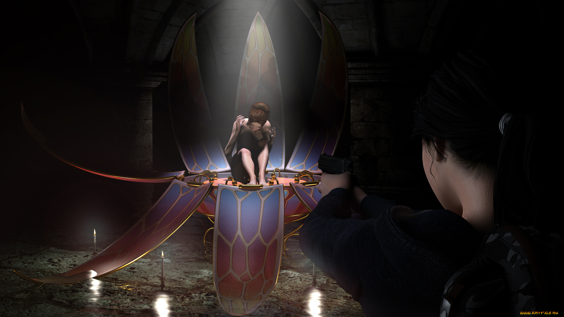 3д, графика, фантазия, , fantasy, взгляд, девушки, лепестки, оружие, фон