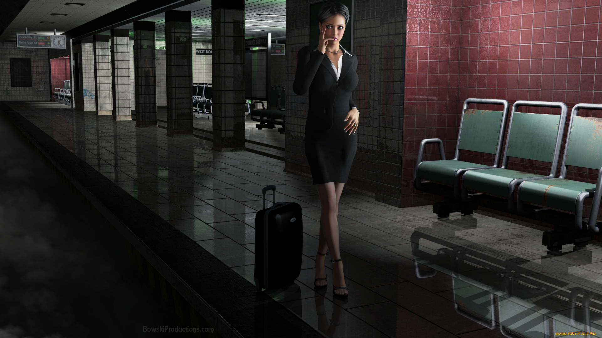 3д, графика, люди, , people, девушка, взгляд, фон, чемодан, стулья, улица, ночь